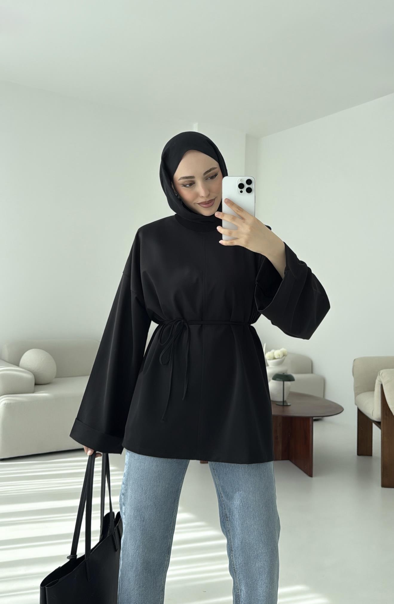 Bağlamalı Yanı Yırtmaç Detay Sweat Siyah