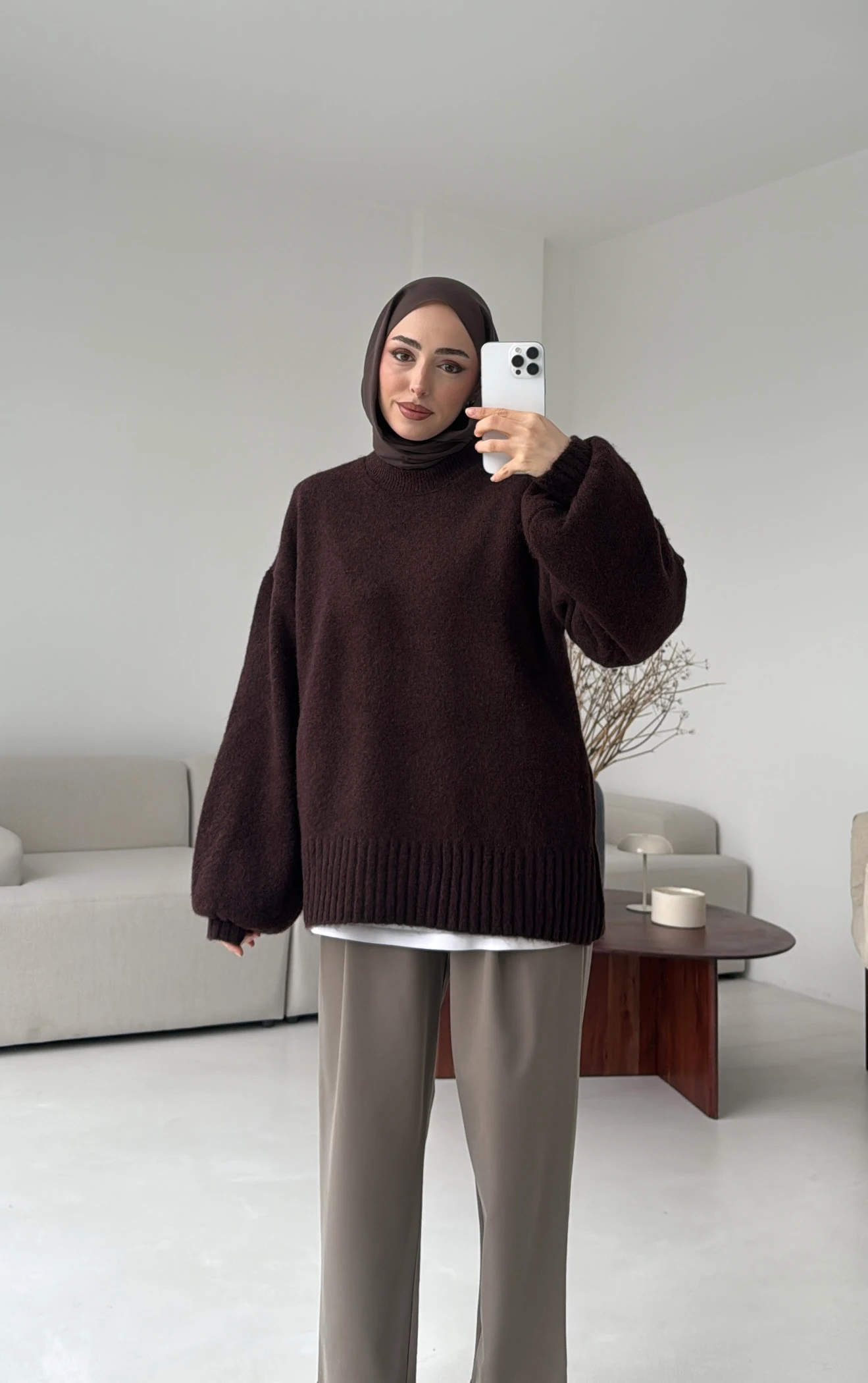 Balon Kol Yumuşak Kazak Kahve