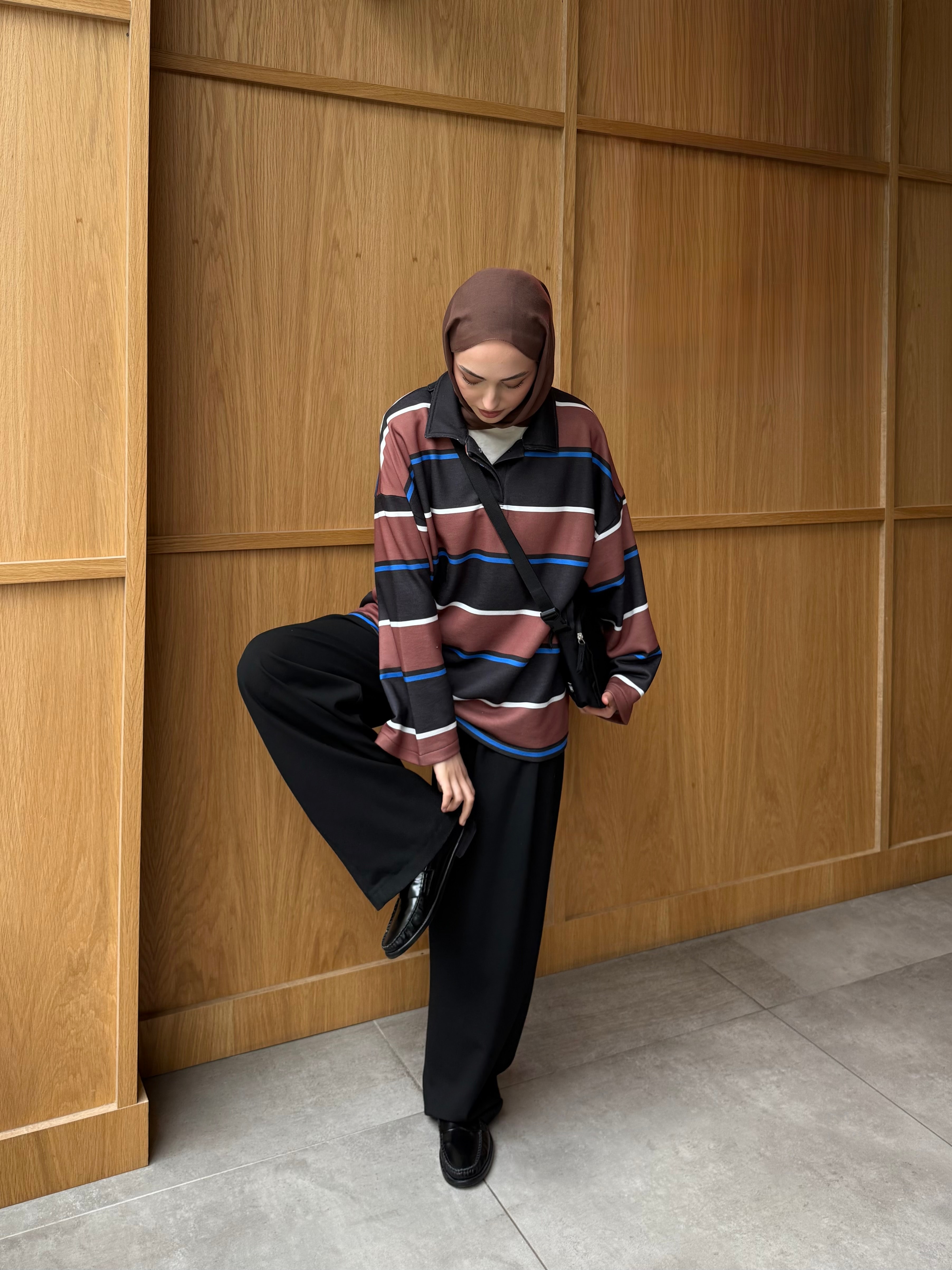 Fleece Polo Yaka Sweatshirt Kahve