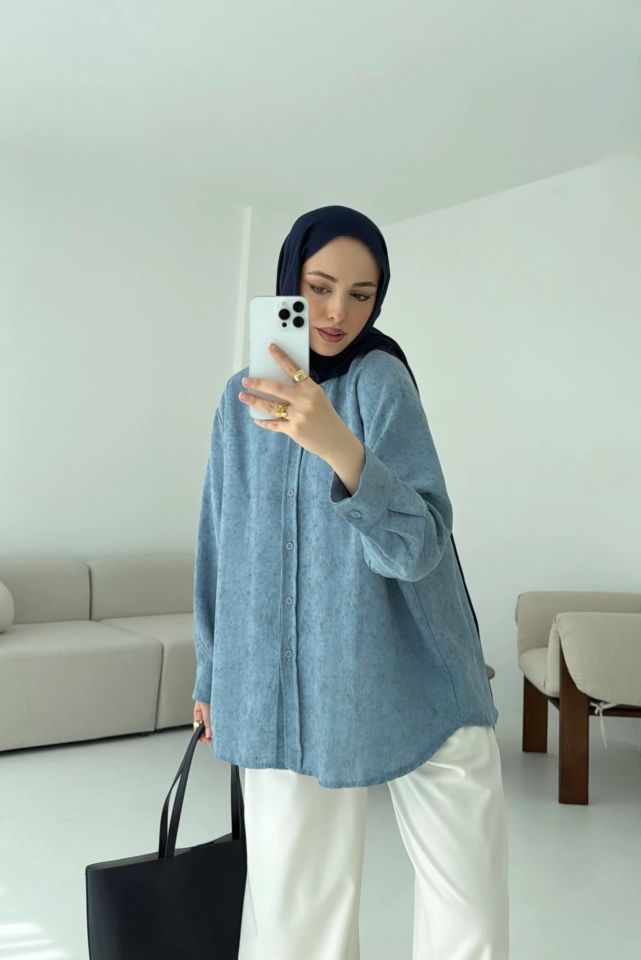 Batik Bambu Keten Gömlek Mavi