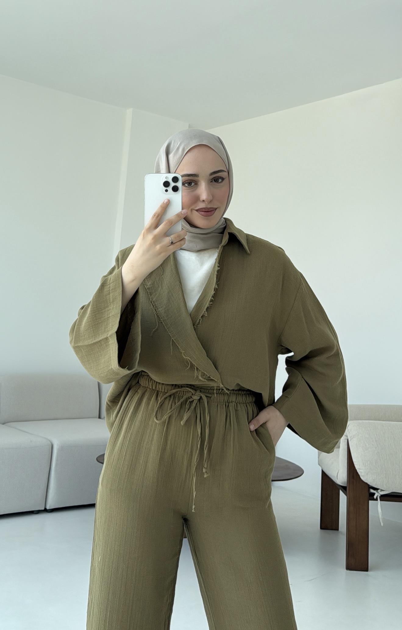 Müslin Düğmeli Kimono Takım Yeşil