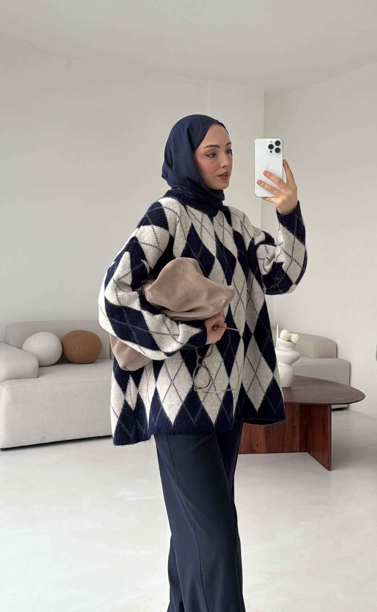 Premium Desenli Kalın Kazak Krem/Lacivert