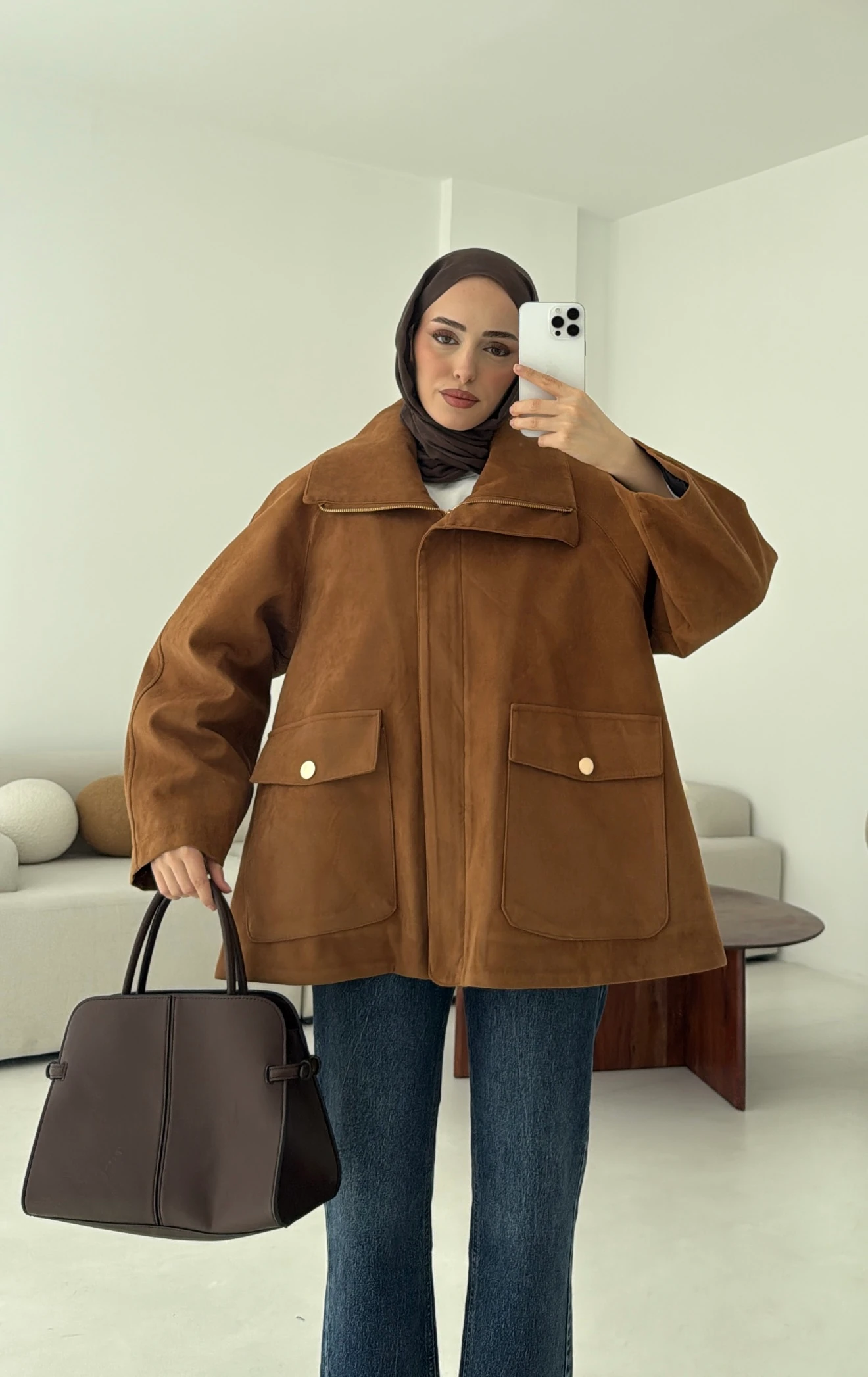 Oversize Dolgulu Süet Ceket Taba