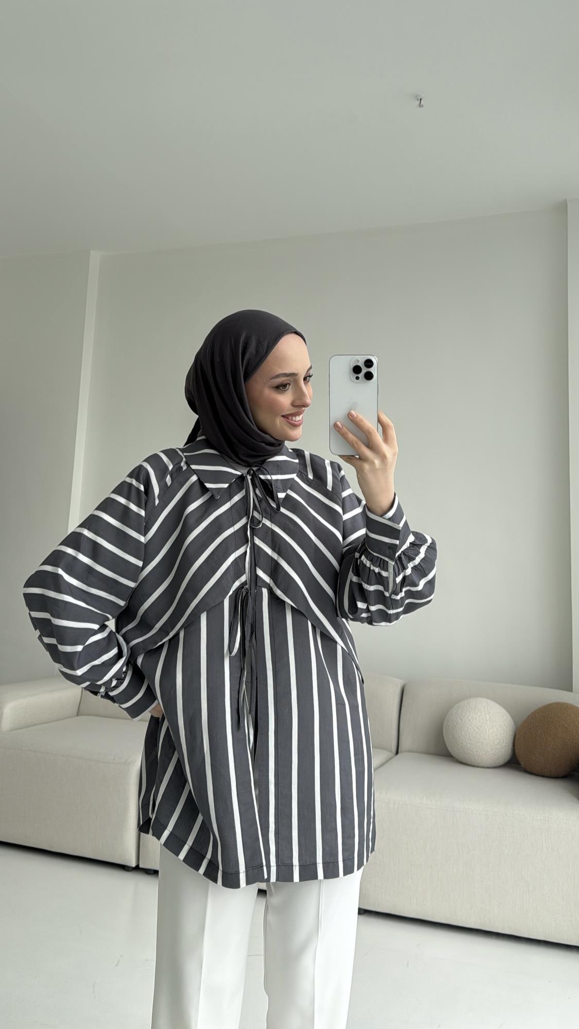 Çizgili Bağlamalı Kimono Antrasit