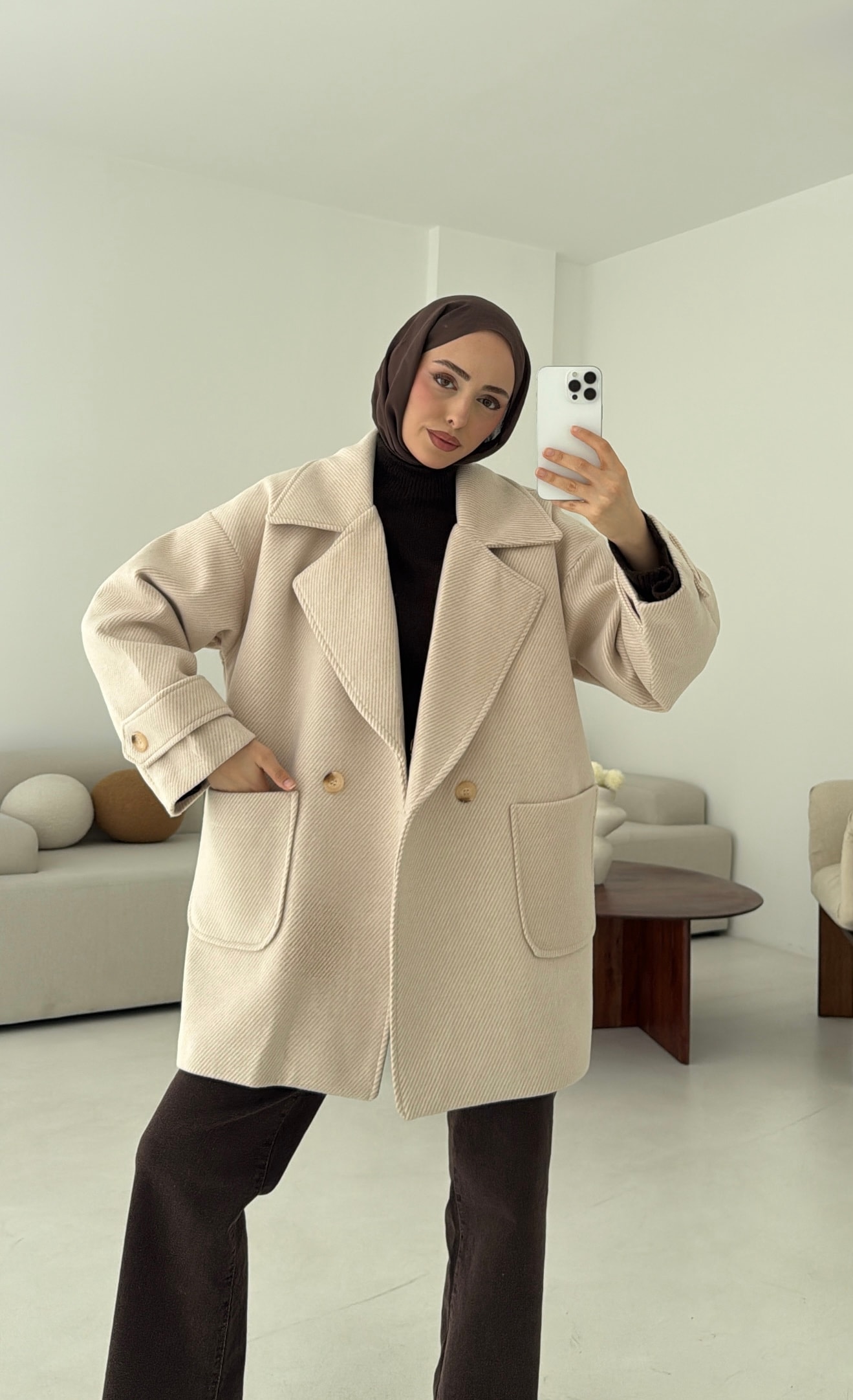 Bej Geçişli Kaşe Kaban