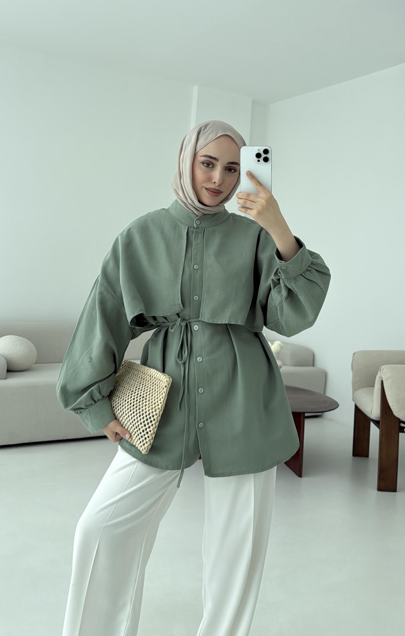 Pelerinli Keten Gömlek Yeşil