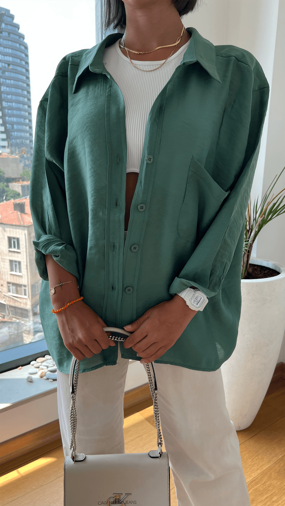 Oversize Pamuk Saten Gömlek Yeşil