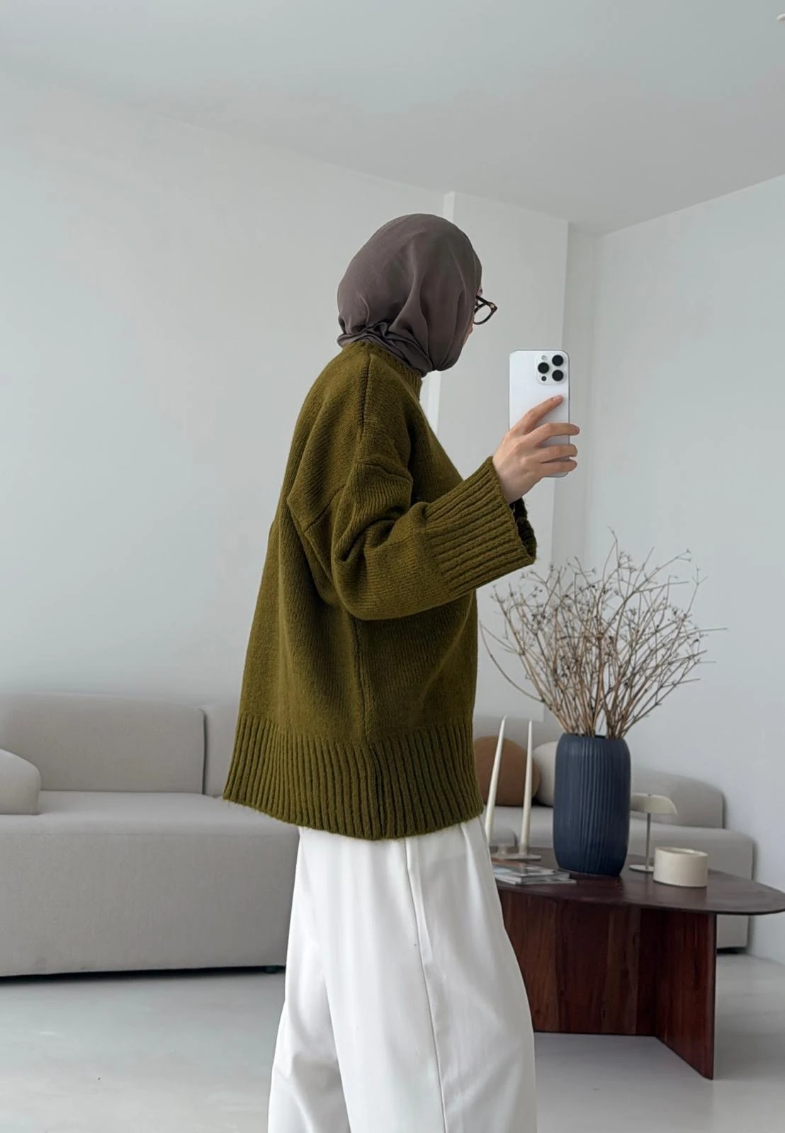 Çift Kat Triko Kazak Zeytin Yeşili