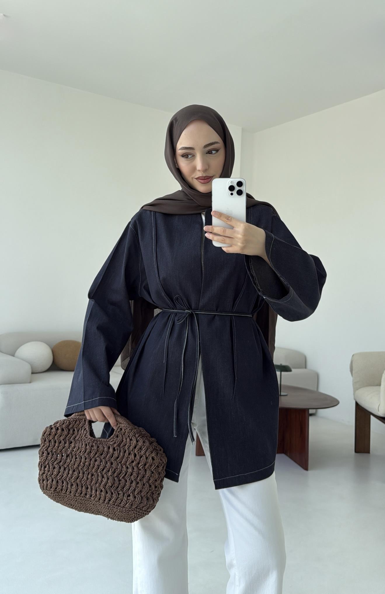 Biyeli Kot Kimono/Ceket Lacivert