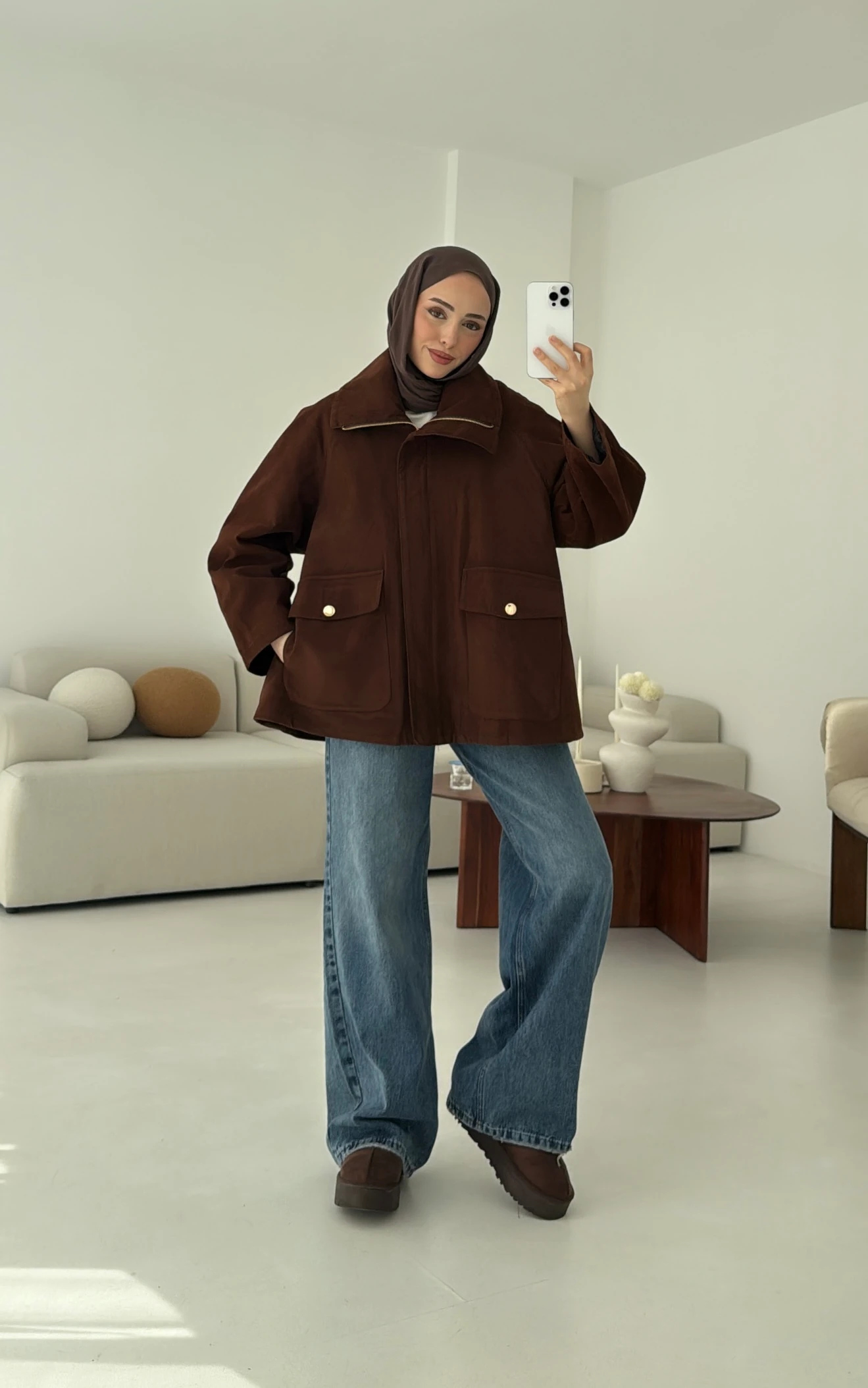 Oversize Dolgulu Süet Ceket Kahve