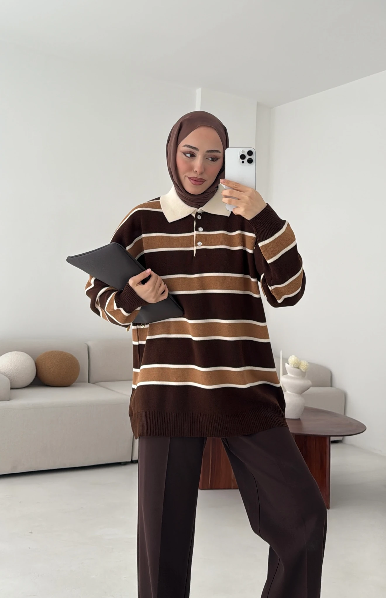 Kahve Hardal Çizgili Triko Kazak (Ön Sipariş Perşembe Kargoda)