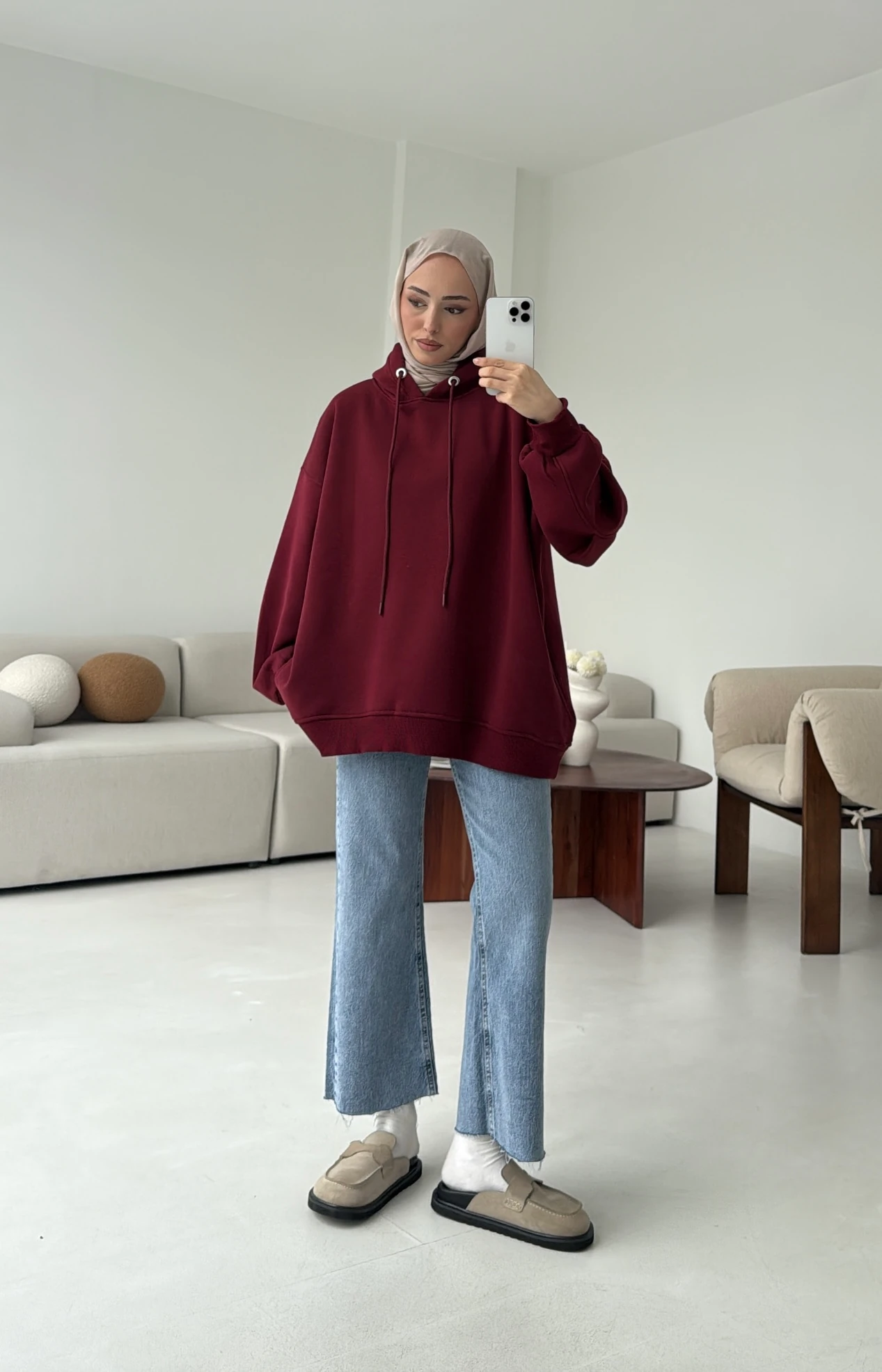 Kolu Pile Detay Oversize Sweatshirt Bordo