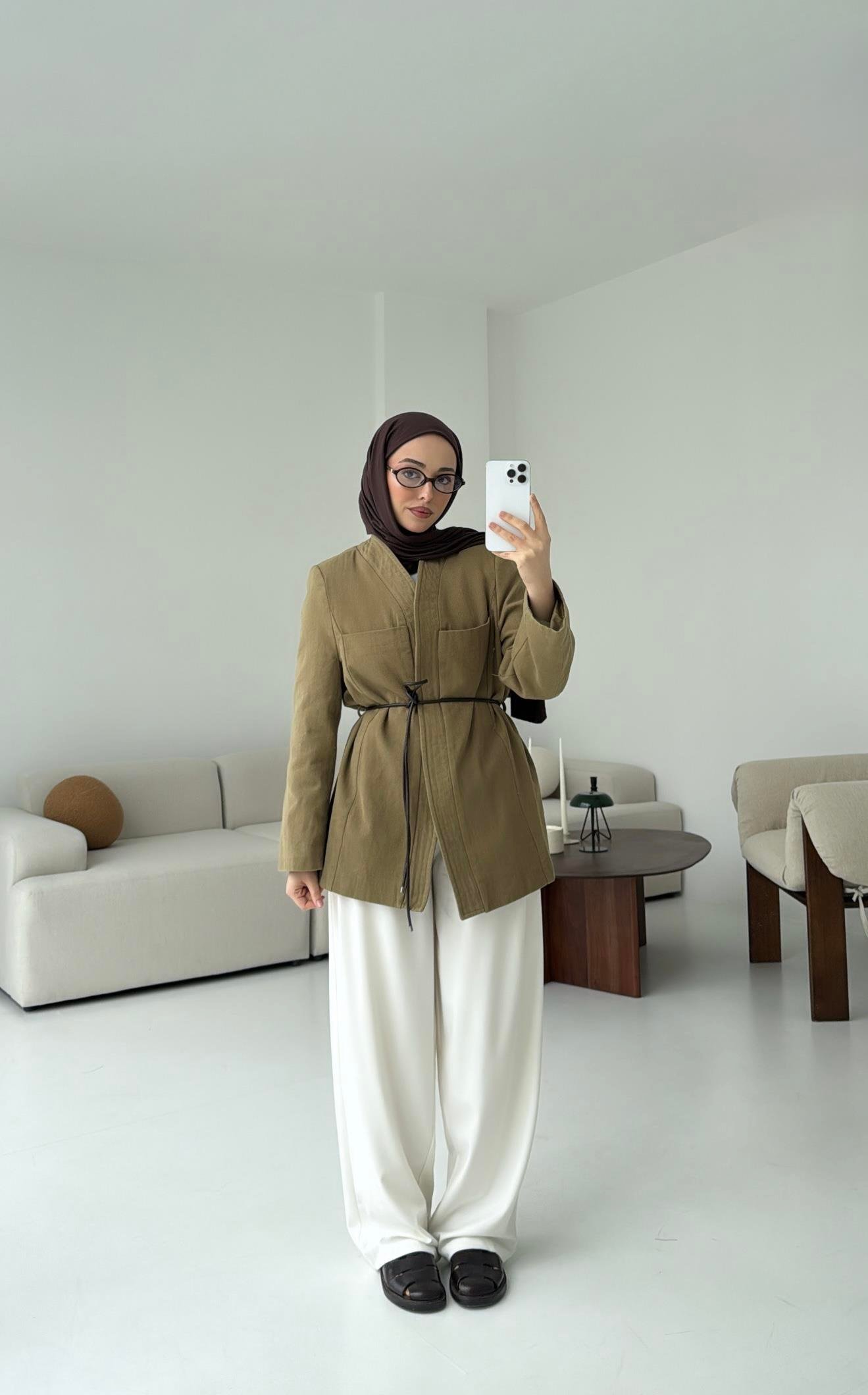 Gabardin Kemerli Ceket Haki