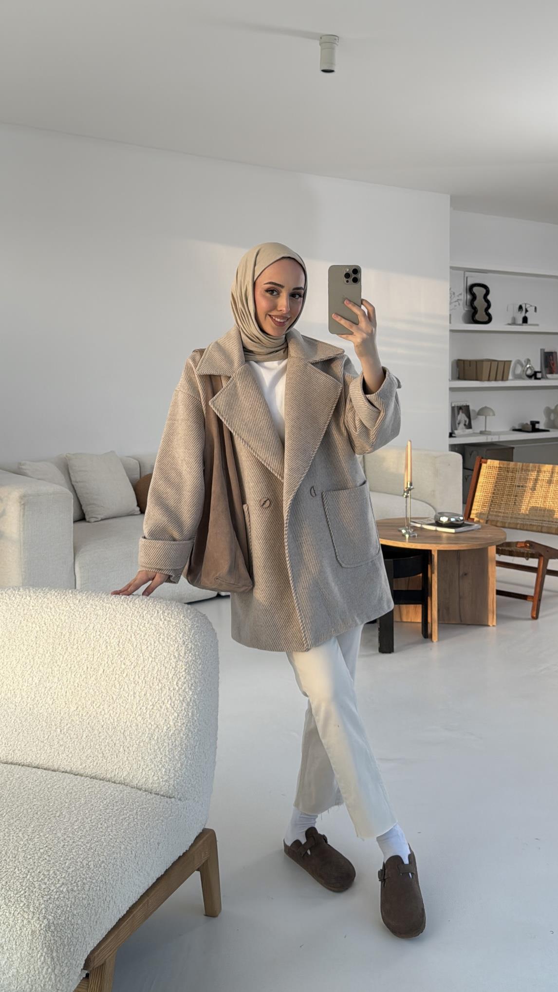 Kendinden Çizgili Oversize Kaşe Kaban Bej