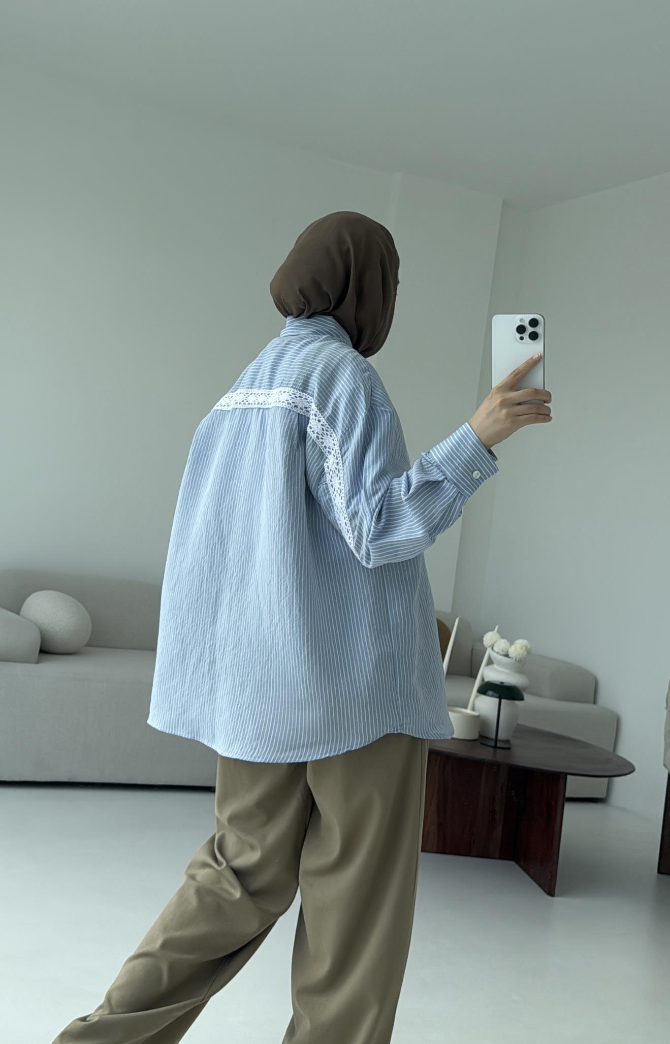 Çizgili Dantel Detay Gömlek Mavi