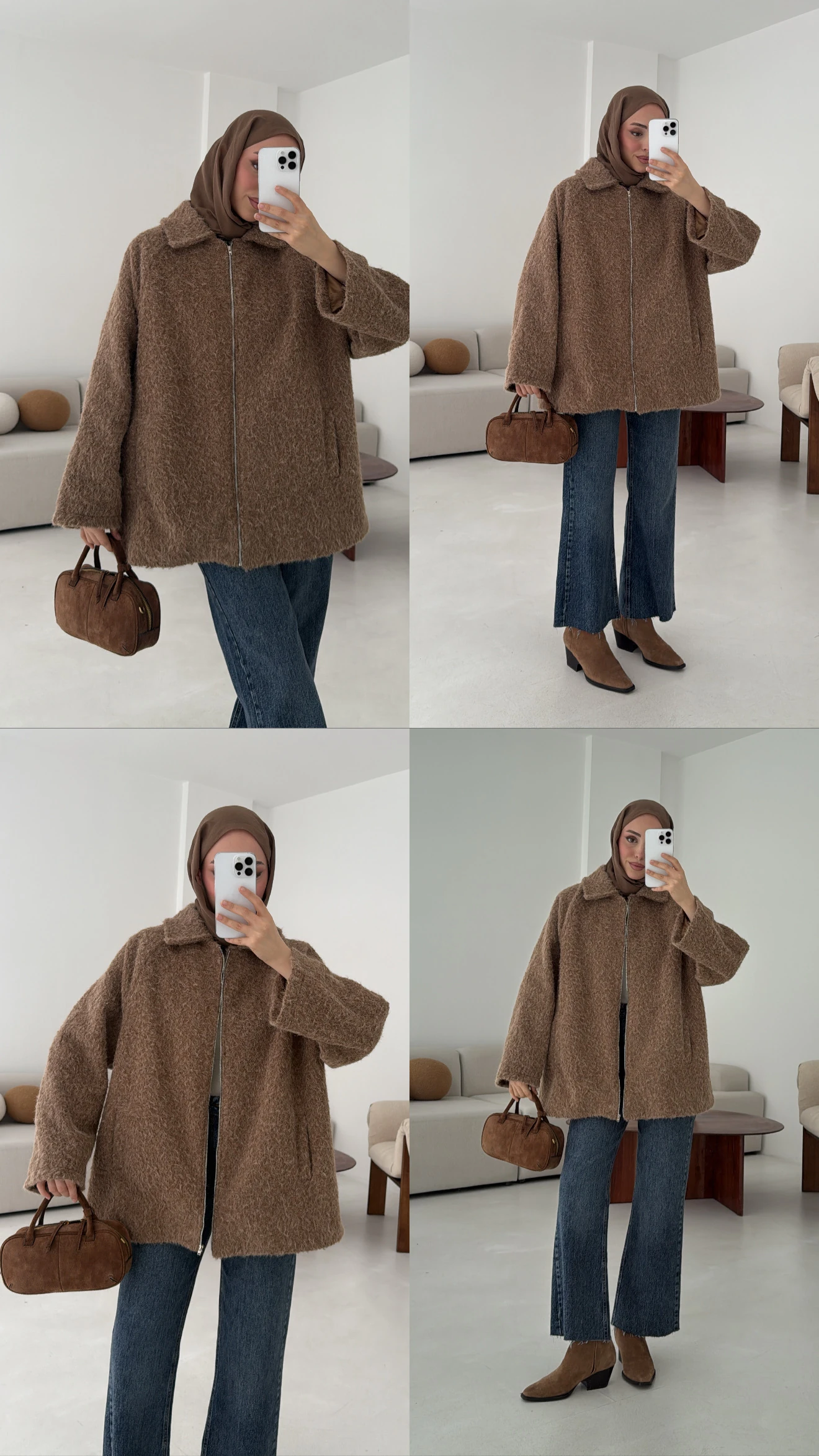 Kırçıllı Fermuarlı Kaban Kahve