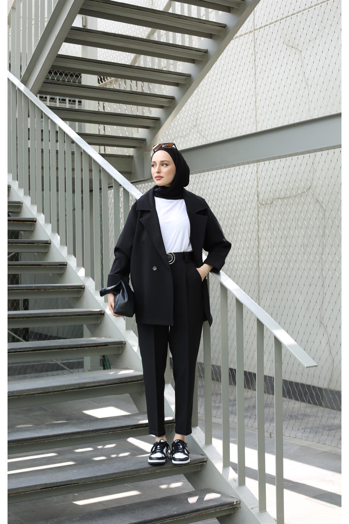 Oversize Yazlık Ceketli Takım Siyah