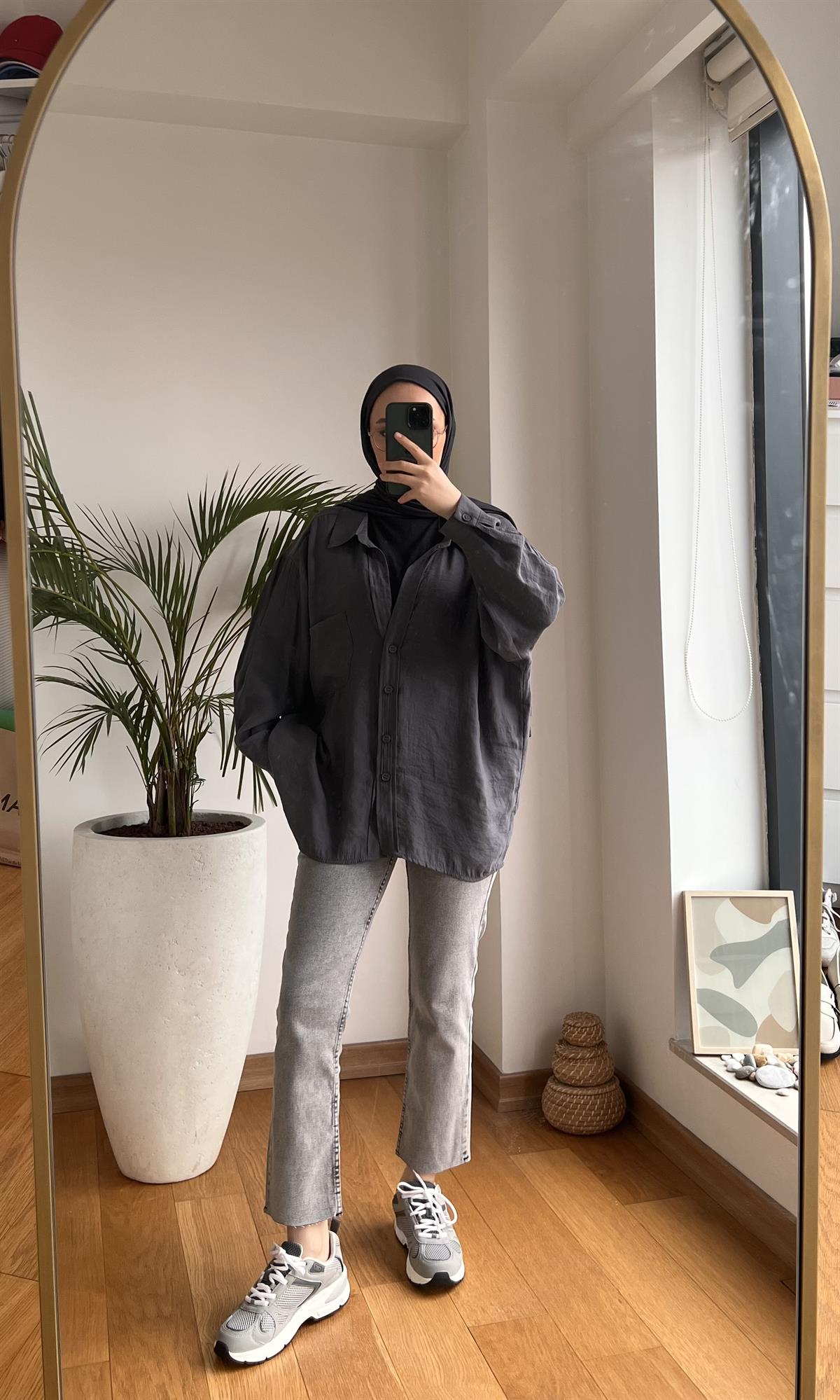 Oversize Pamuk Saten Gömlek Antrasit