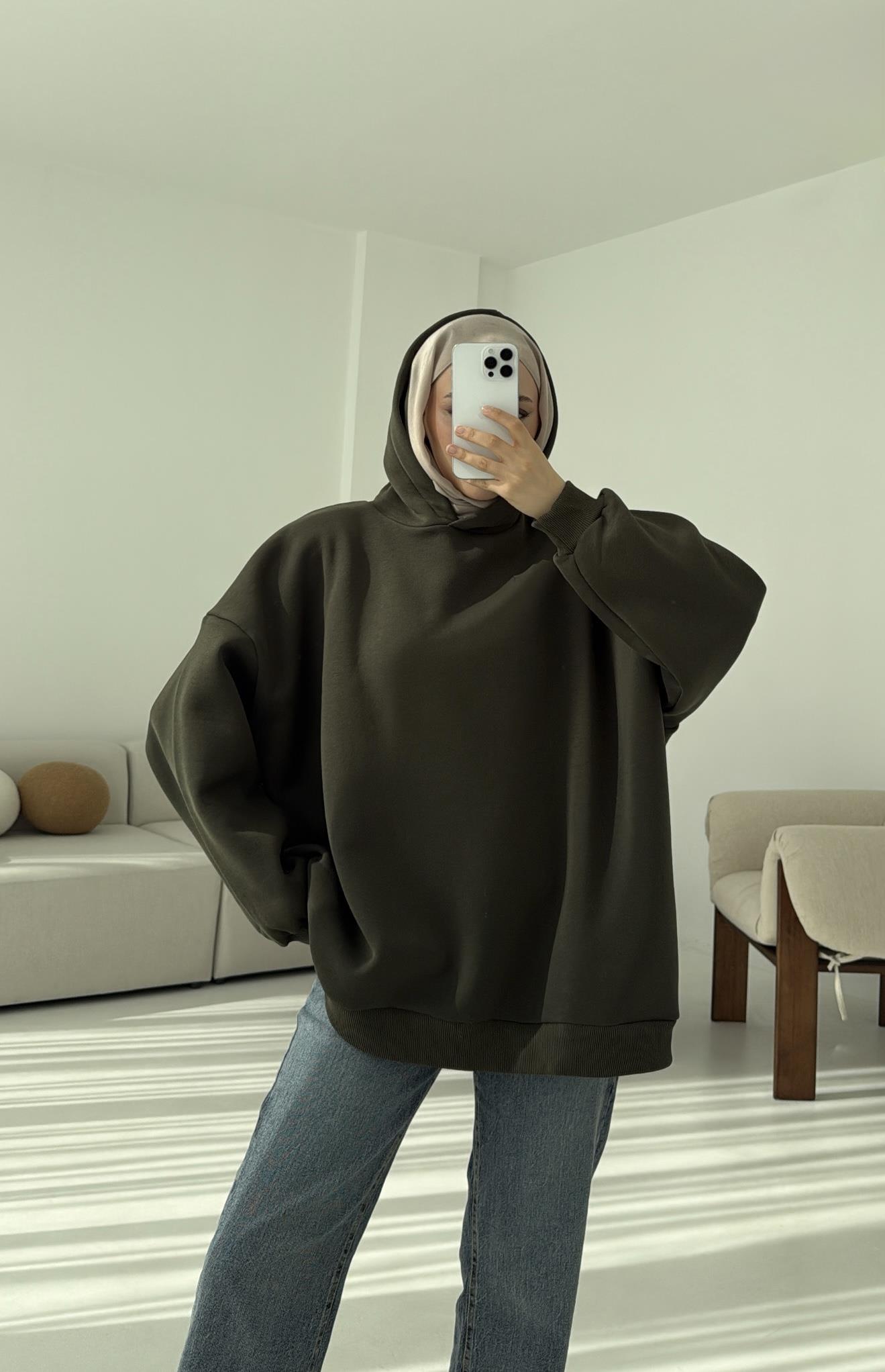 Kapüşonlu Oversize Şardonlu Sweatshirt Haki