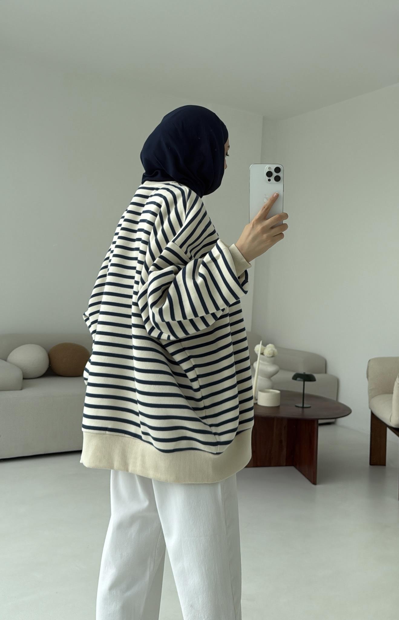 Çizgili Oversize Sweatshirt Lacivert