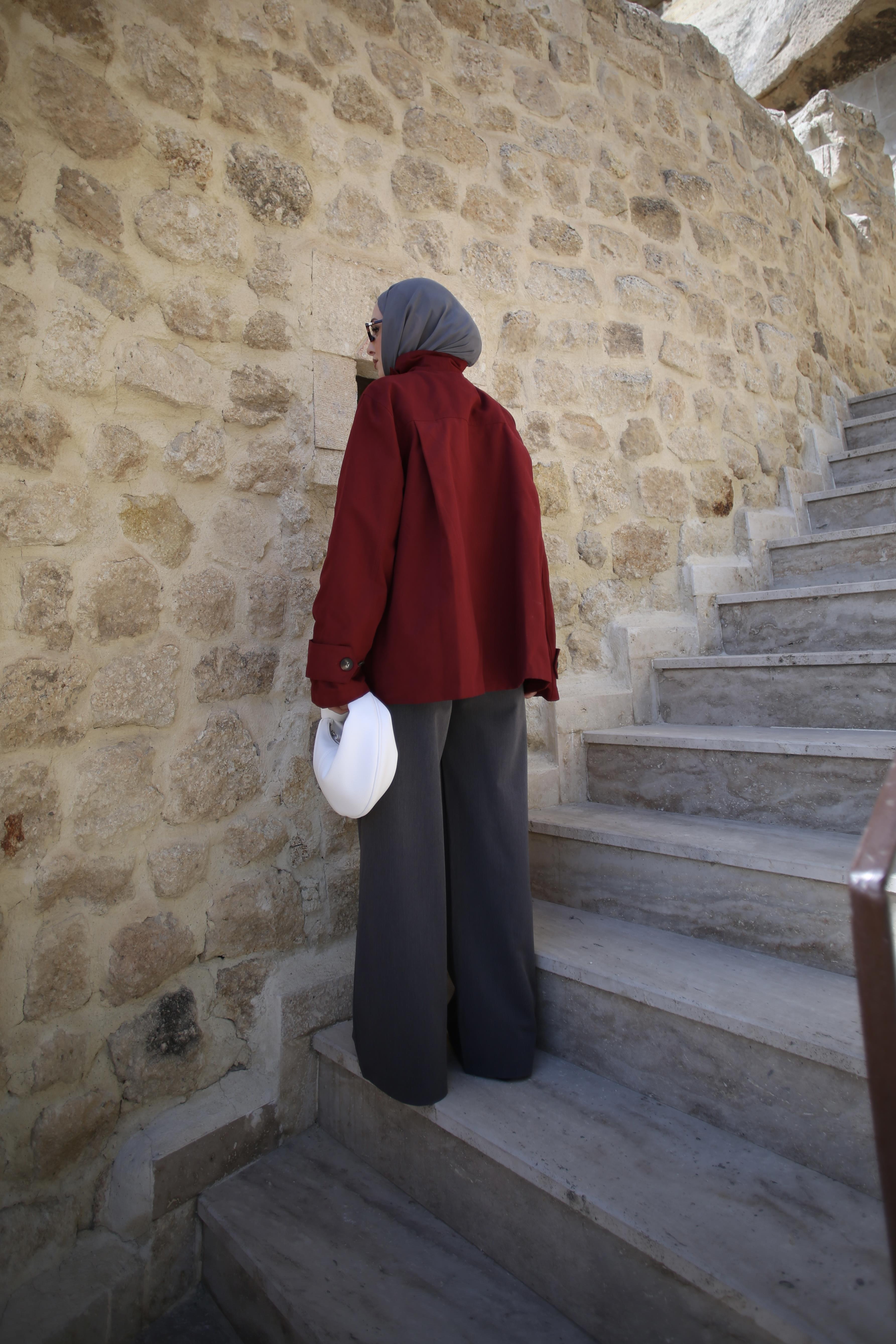 Dik Yaka Gabardin Ceket Bordo