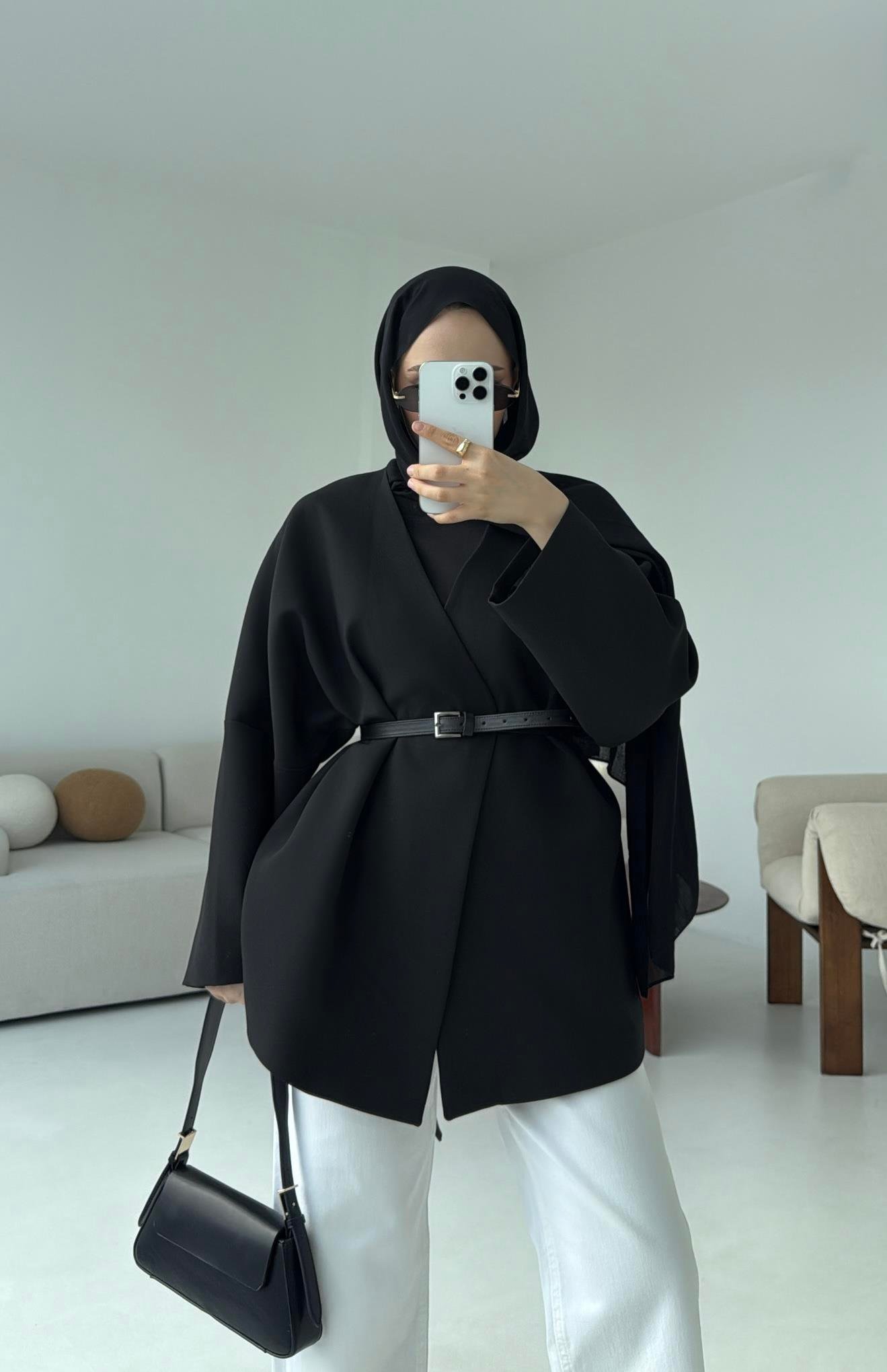 Deri Kemer Detay Oversize Ceket Siyah