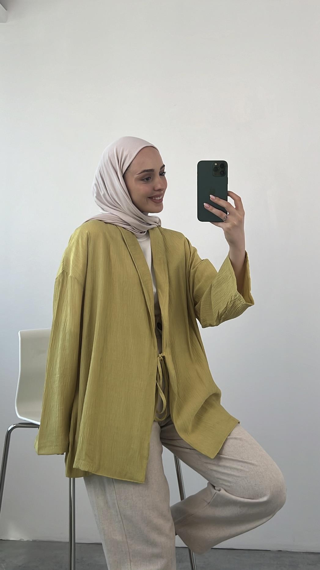 Yağ Yeşili Dokulu Kimono