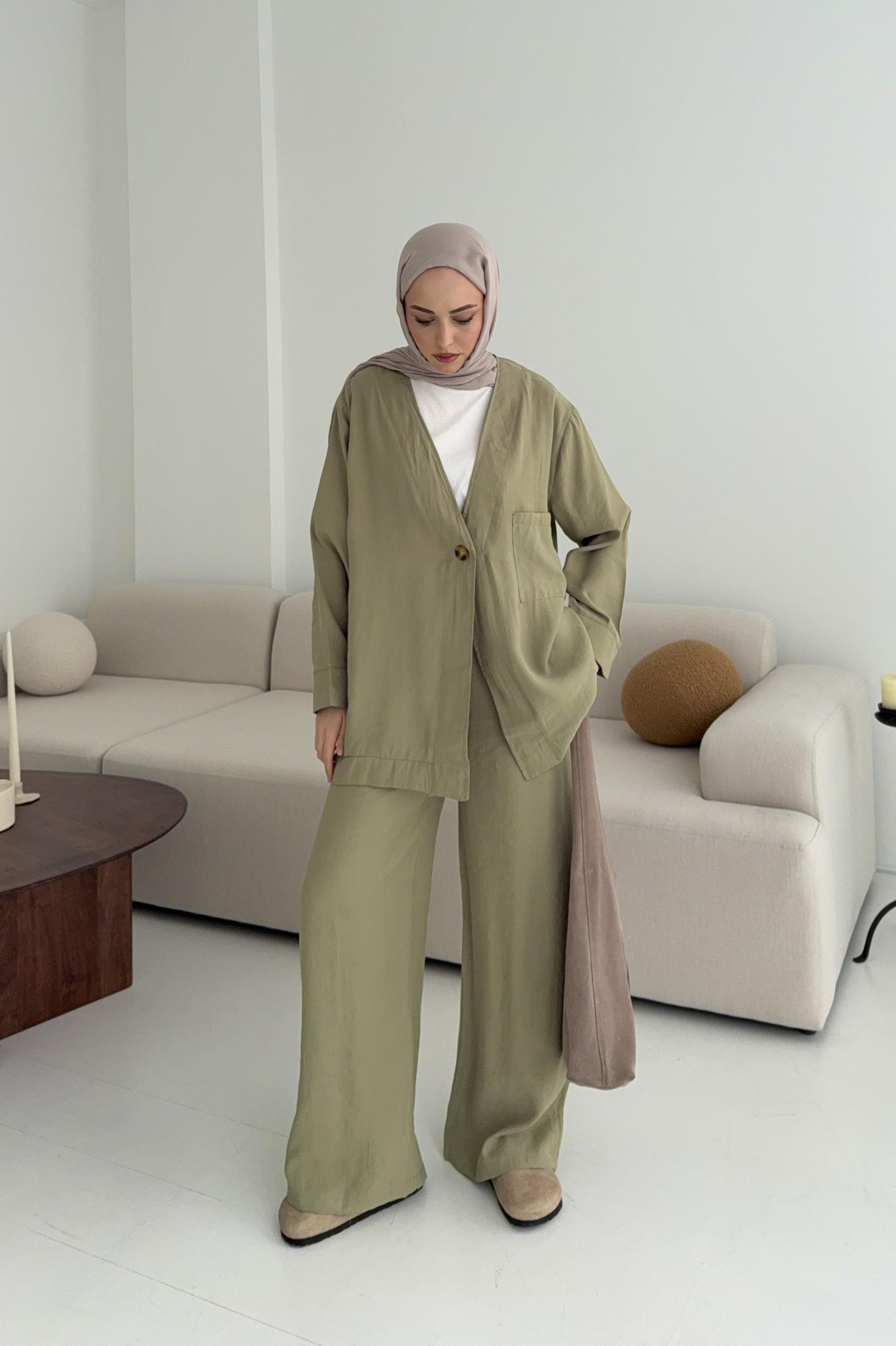 Tek Düğme Cepli Takım Açık Haki