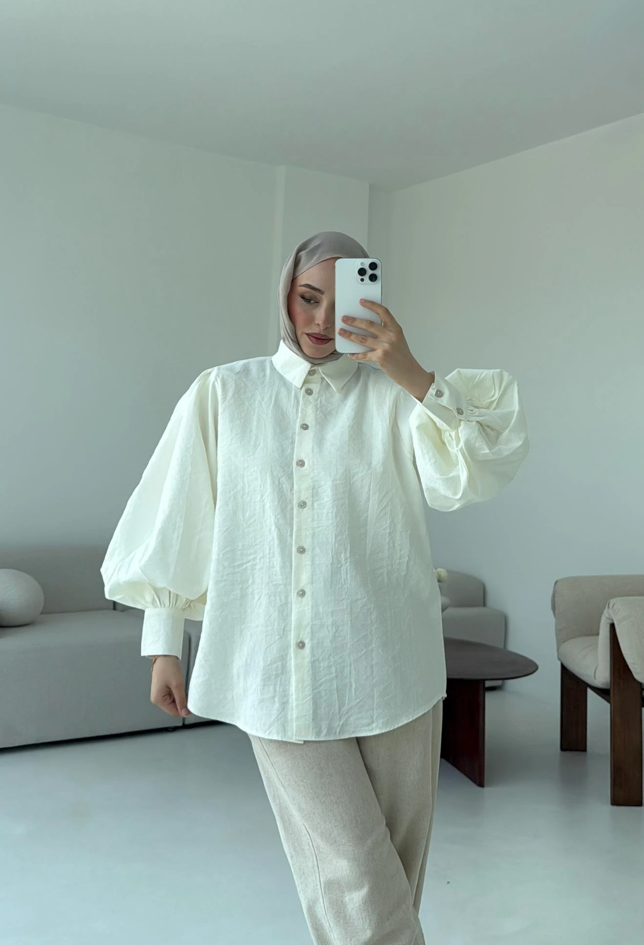 Cotton Balon Kol Gömlek Krem