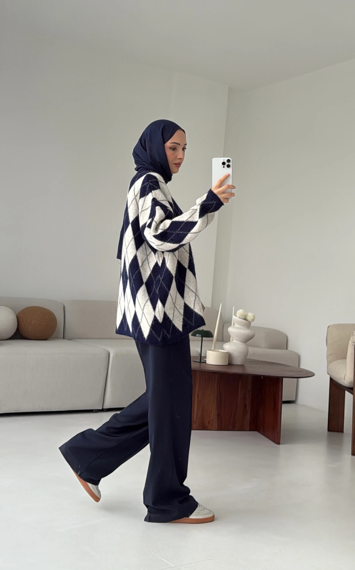 Premium Desenli Kalın Kazak Krem/Lacivert