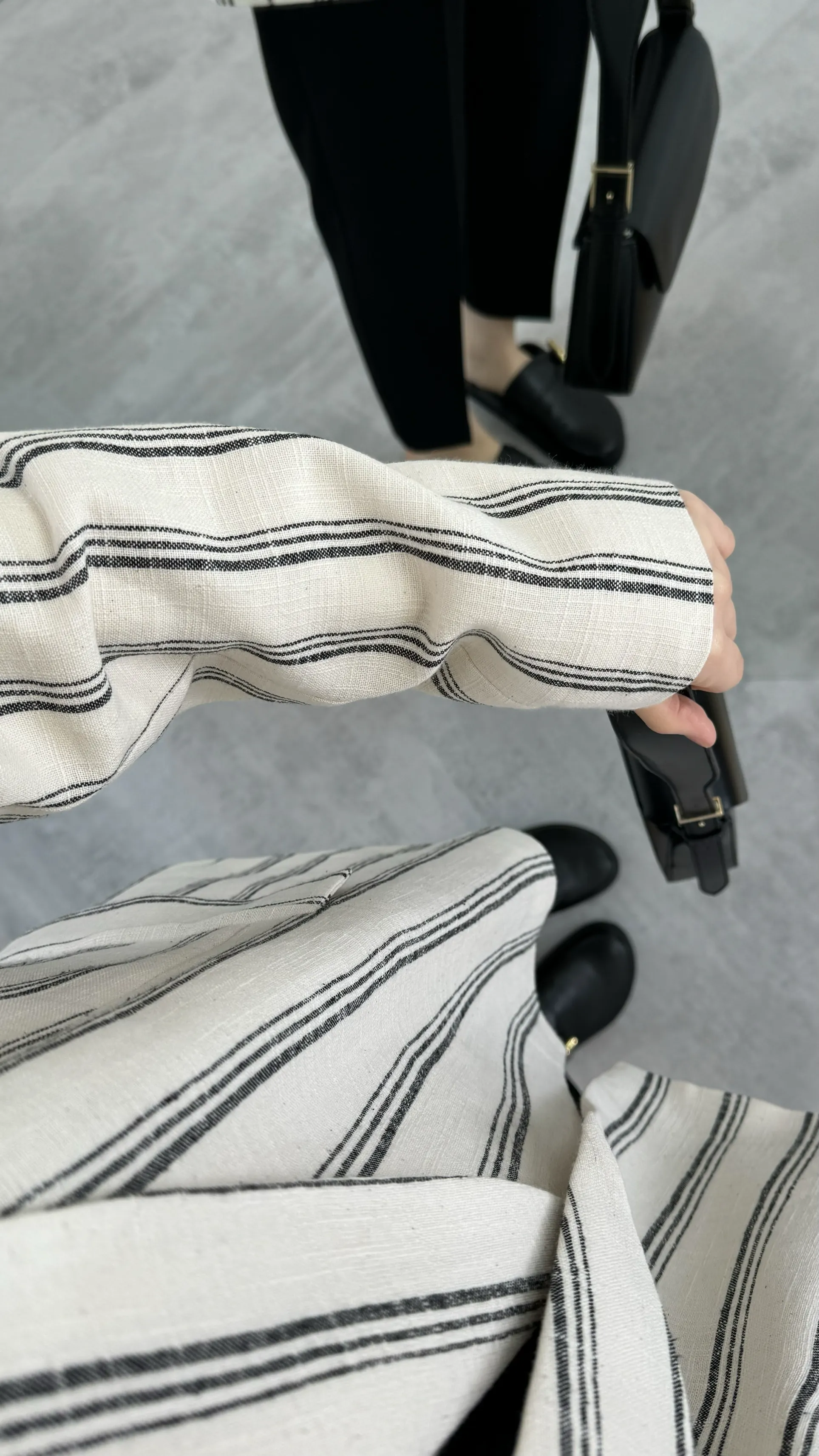 Çizgili Keten Blazer Ceket Siyah