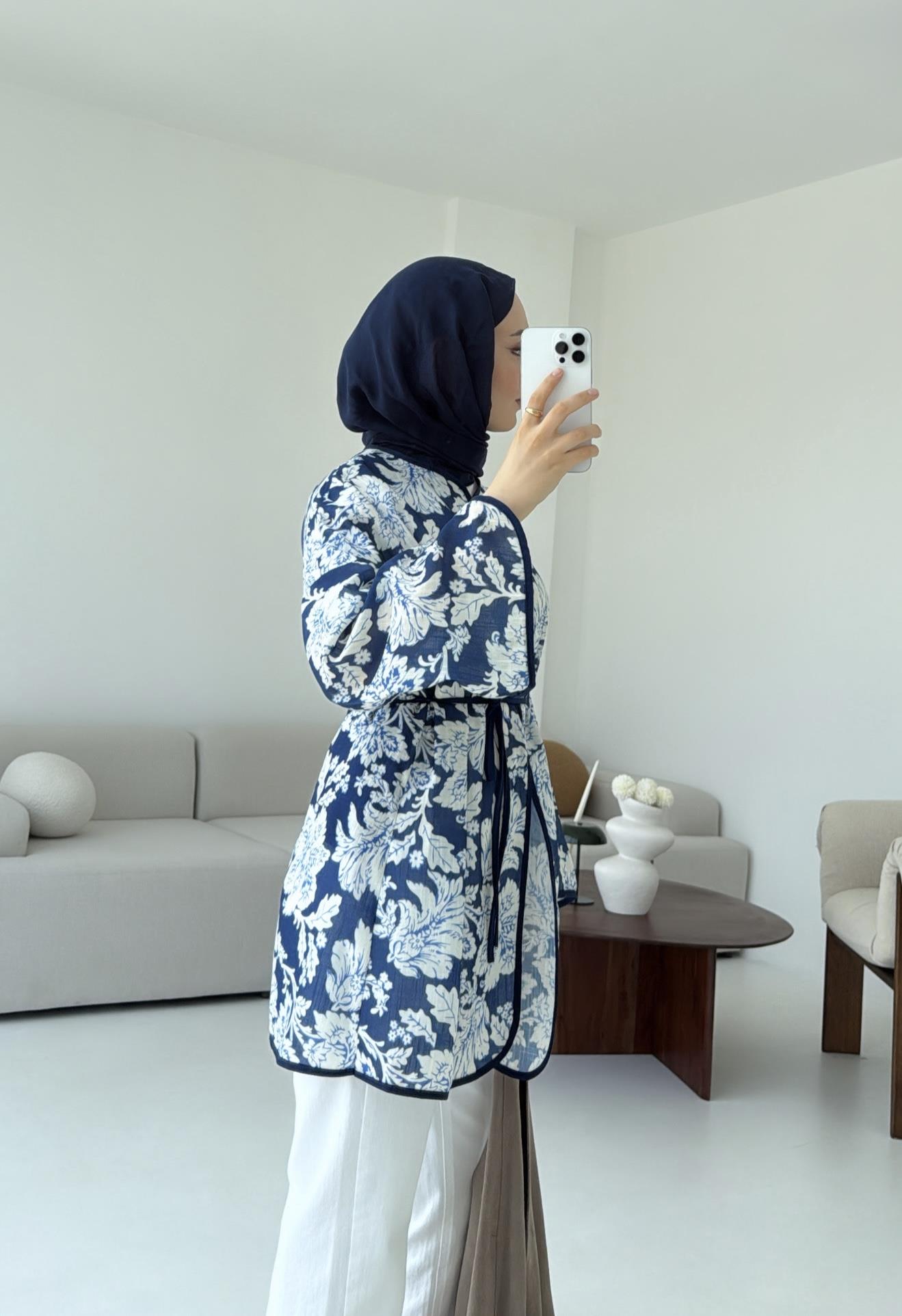 Dijital Baskılı Kimono Lacivert