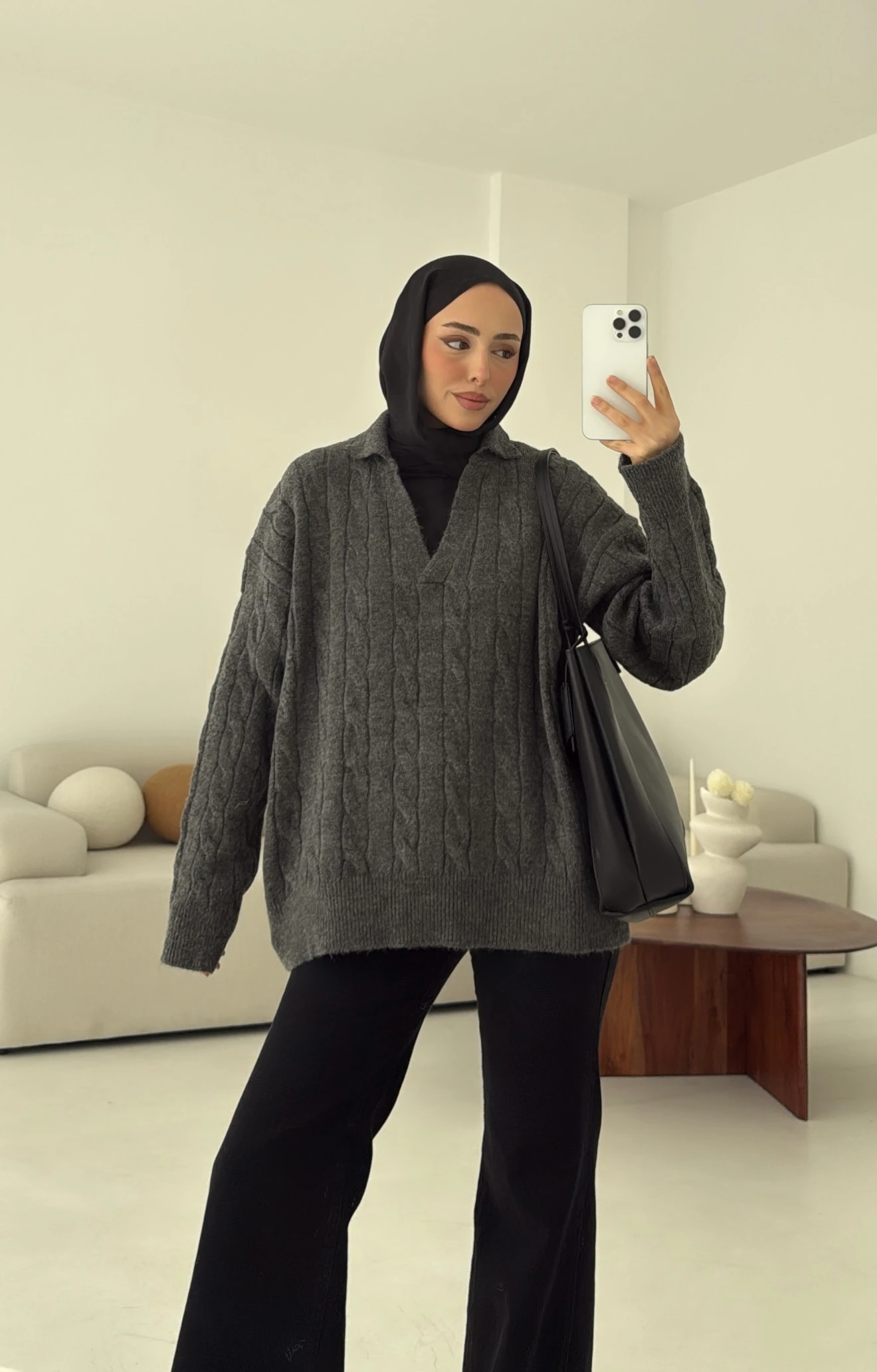 Polo Yaka Örgü Kazak Antrasit