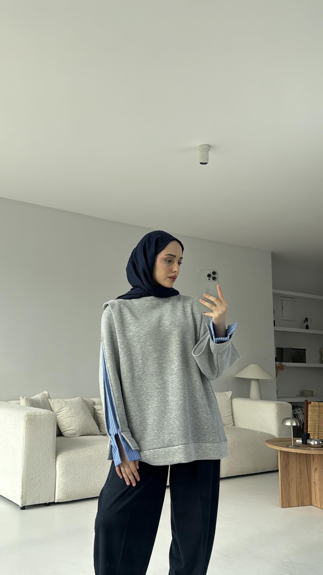 Gömlek Detaylı Sweatshirt Gri