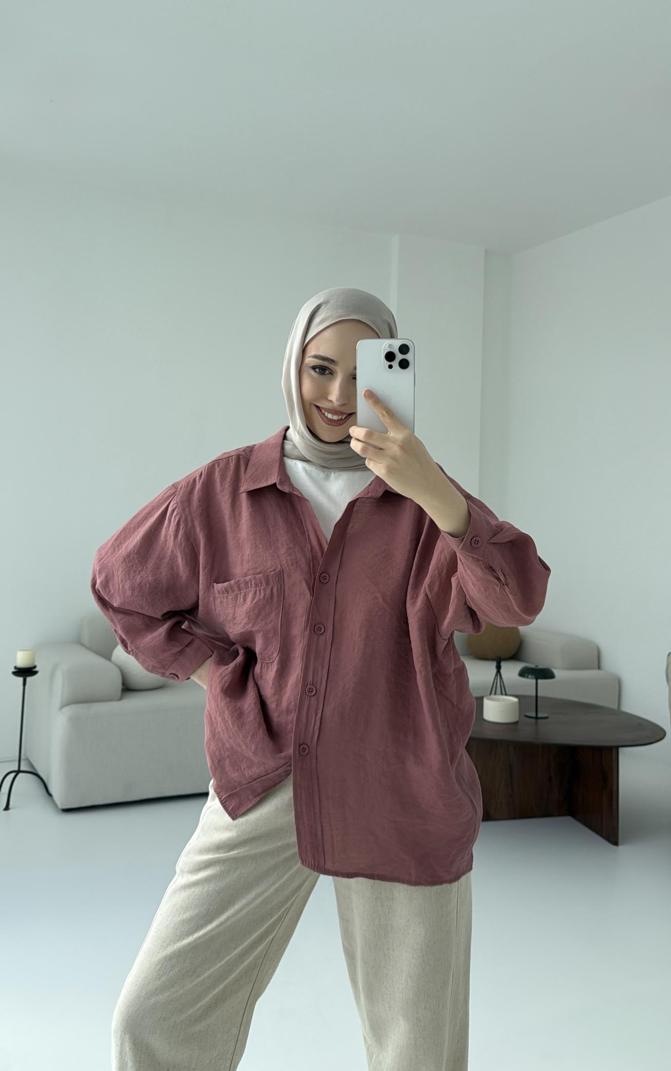 Düşük Omuz Oversize Gömlek Gül Kurusu