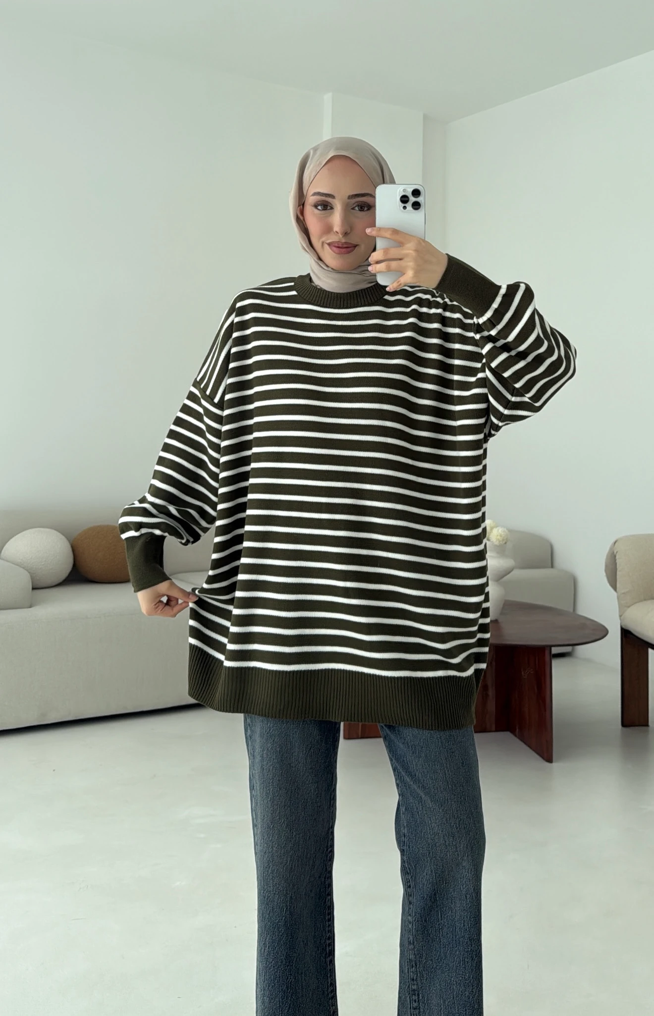 Çizgili Triko Kazak Haki