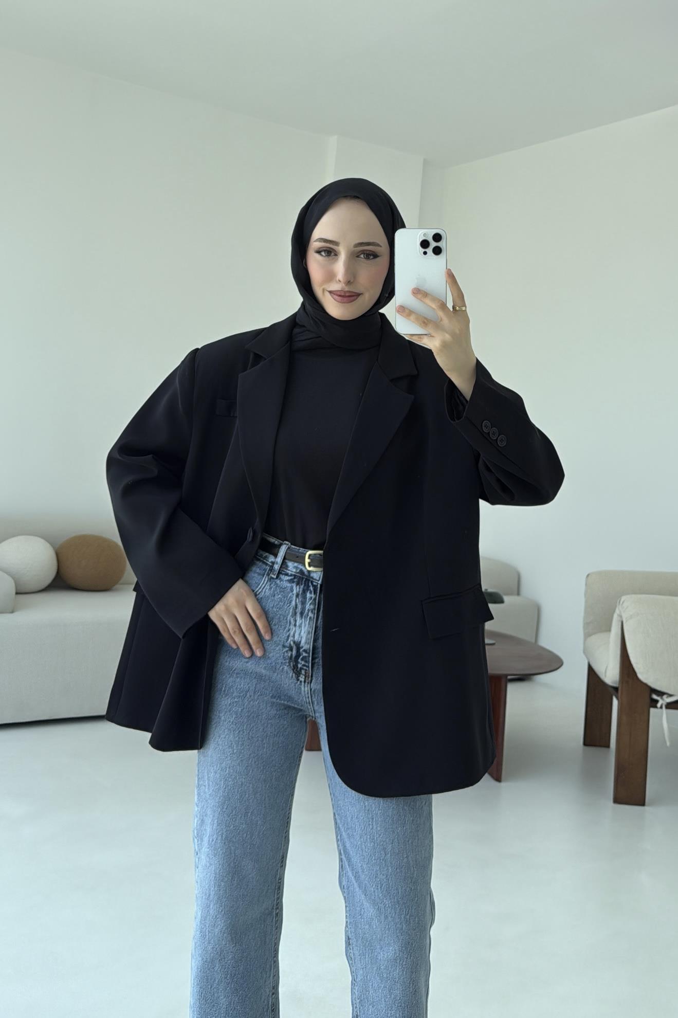 Çift Dügmeli Oversize Blazer Ceket Siyah