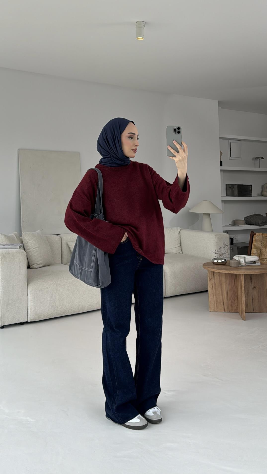 Geniş Kol Basıc Kazak Bordo