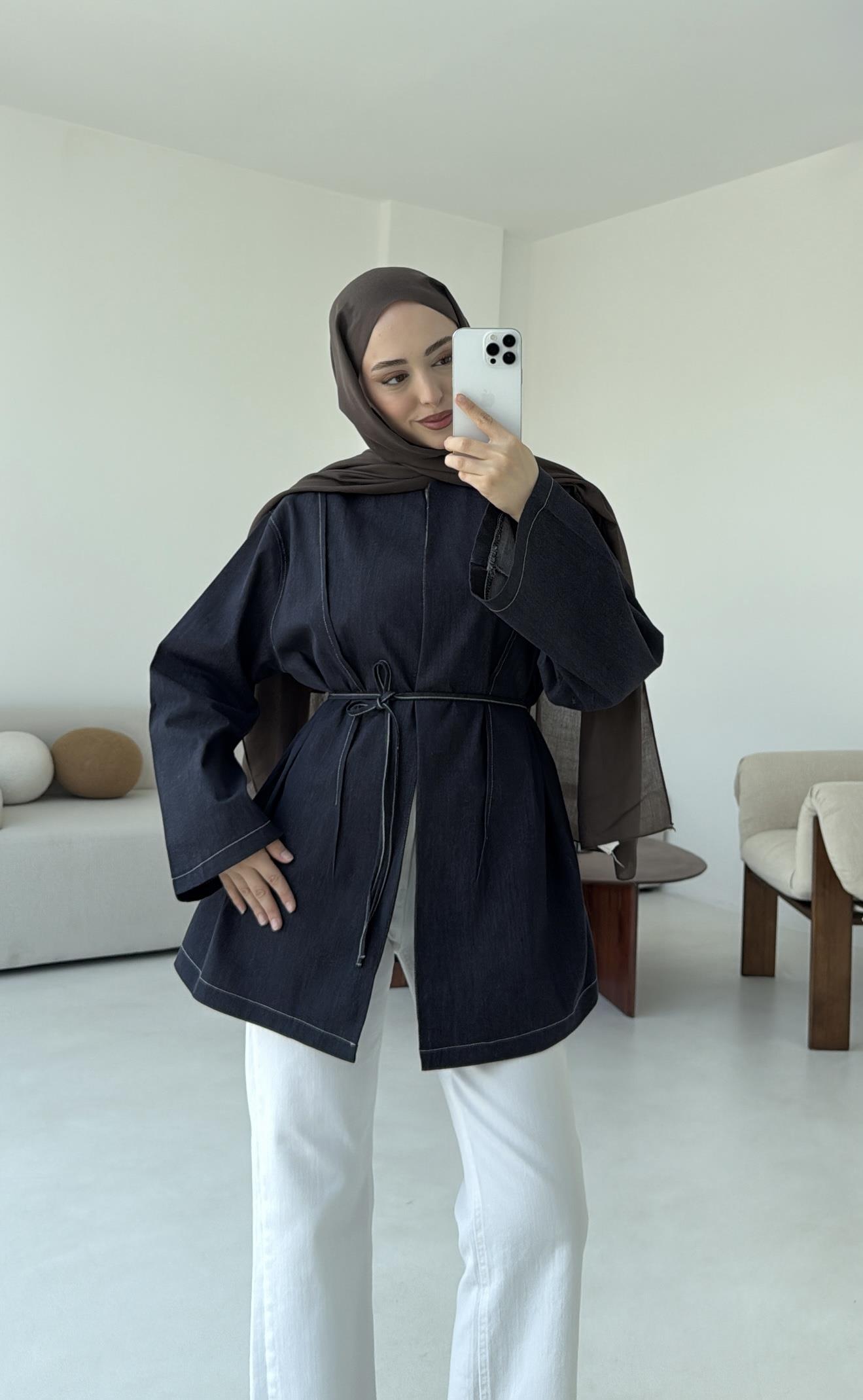 Biyeli Kot Kimono/Ceket Lacivert