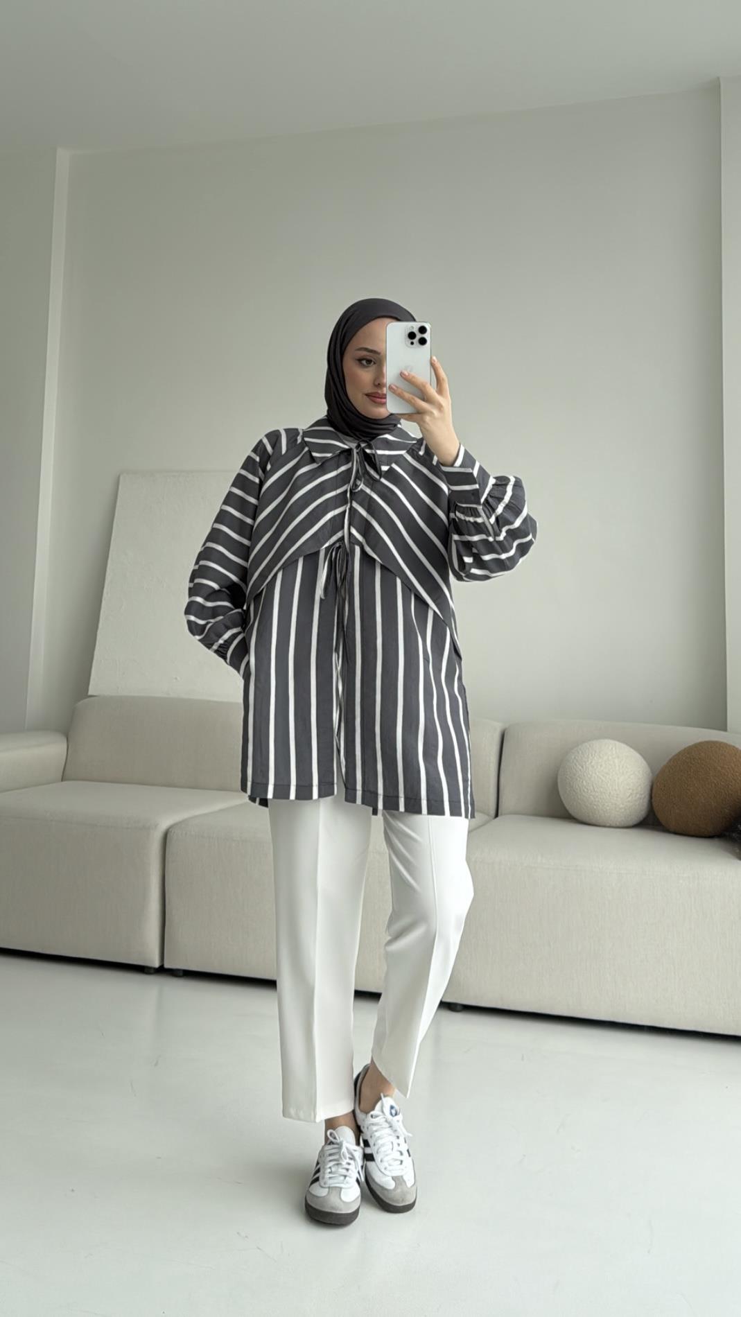 Çizgili Bağlamalı Kimono Antrasit