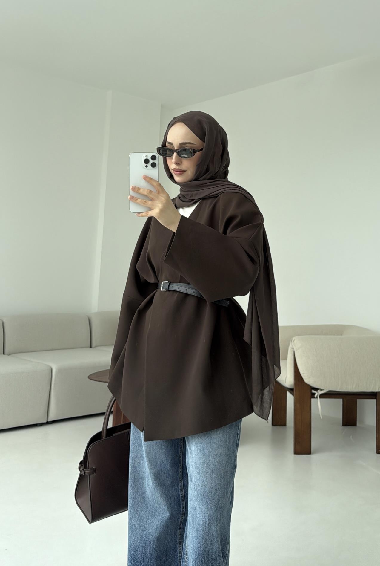 Deri Kemer Detay Oversize Ceket Kahve