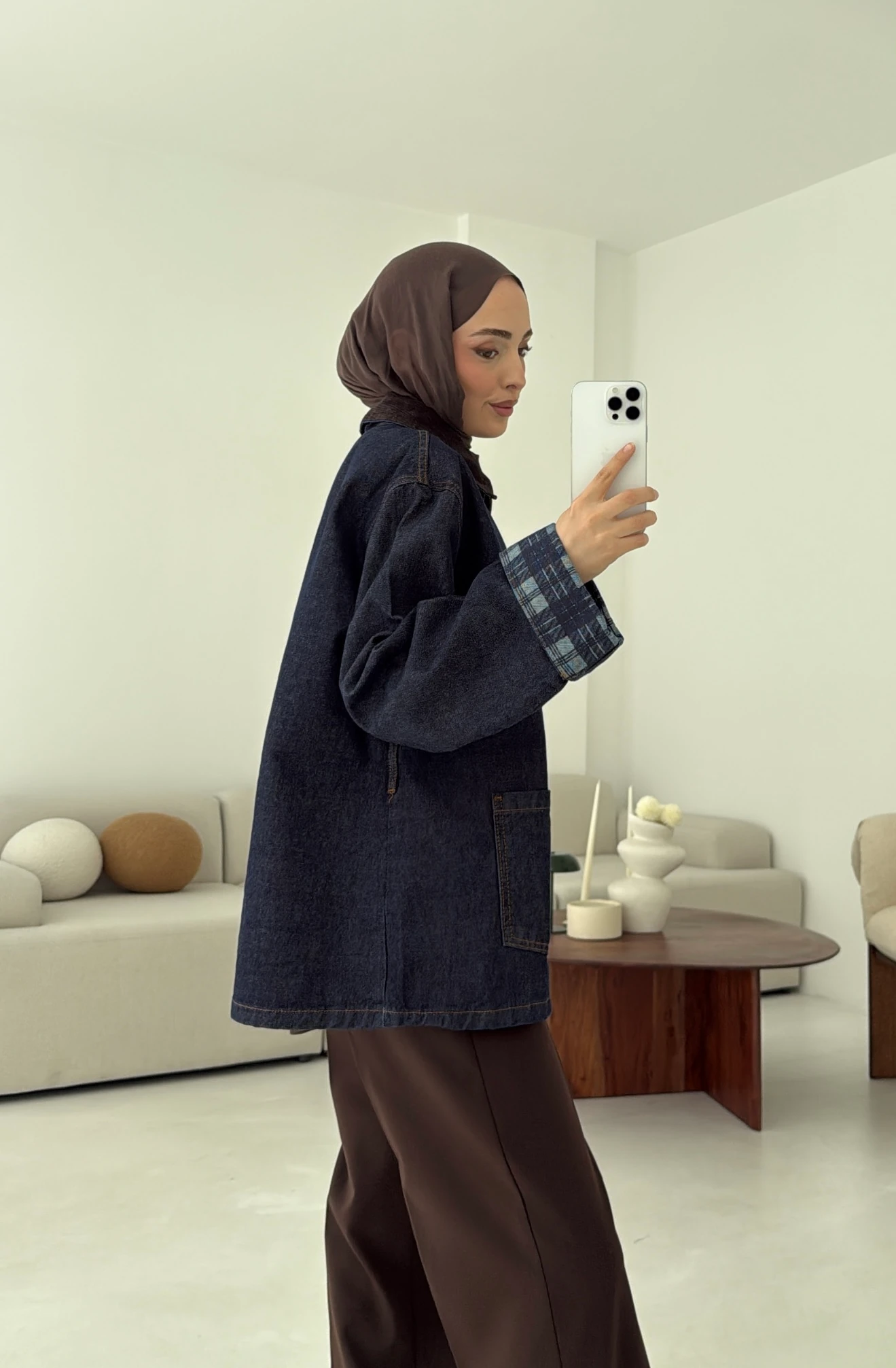 Astarı Ekose Detay Denim Ceket Mavi