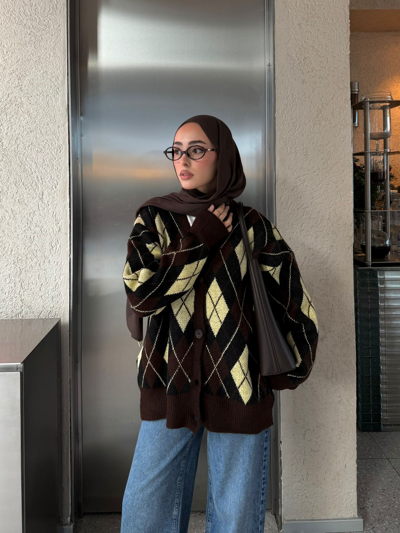 Baklava Jakarlı Hırka Kahve/Sarı