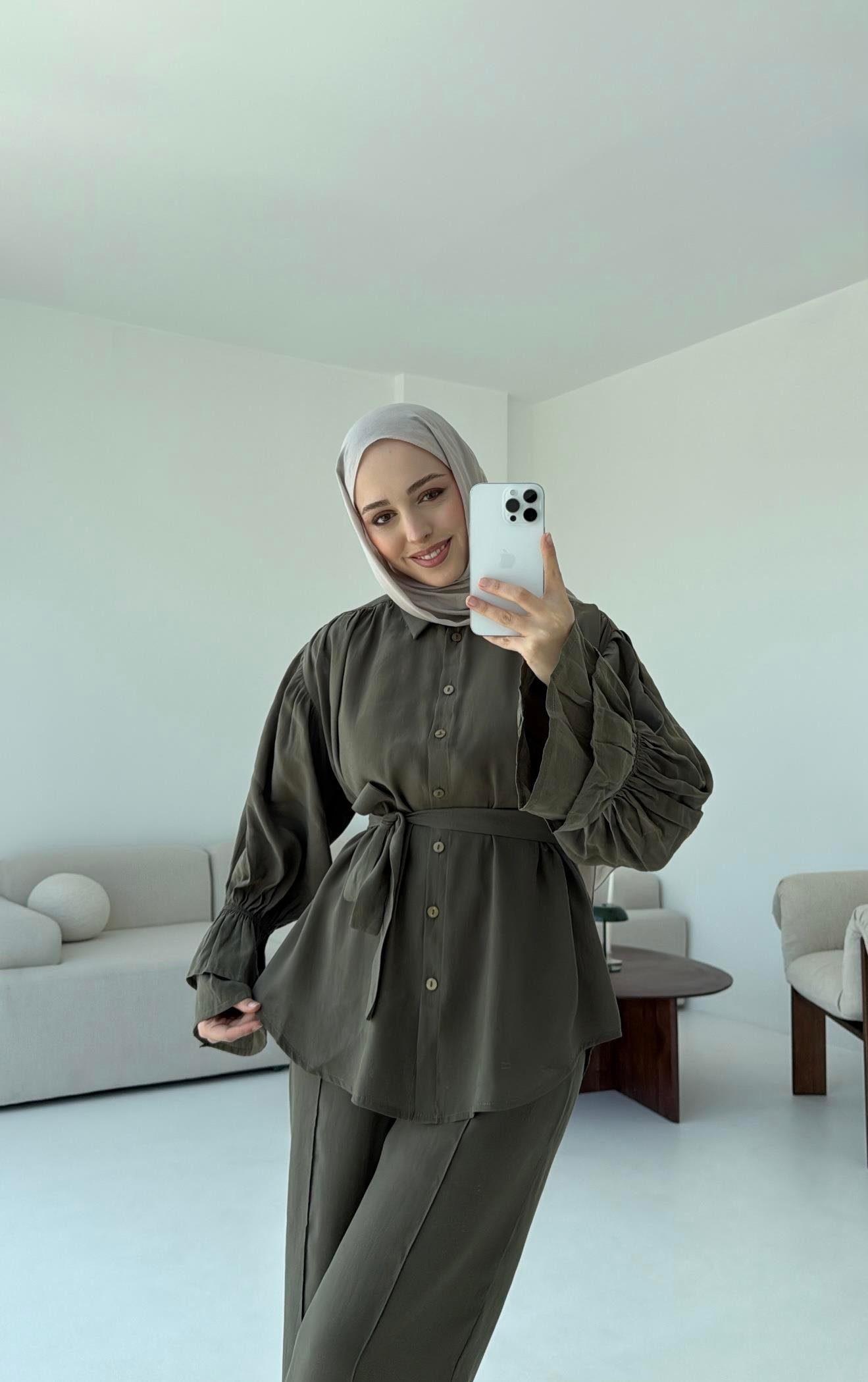 Büzgülü Oversize Gömlek Takım Haki