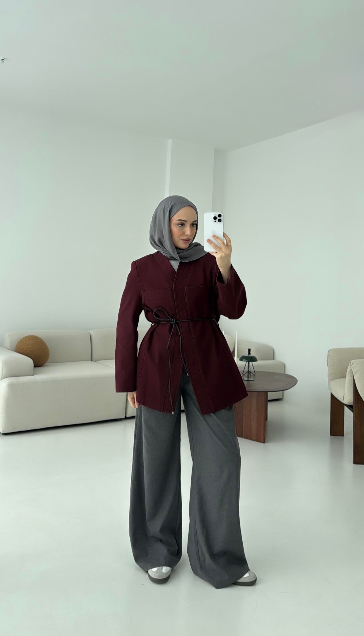 Gabardin Kemerli Ceket Bordo