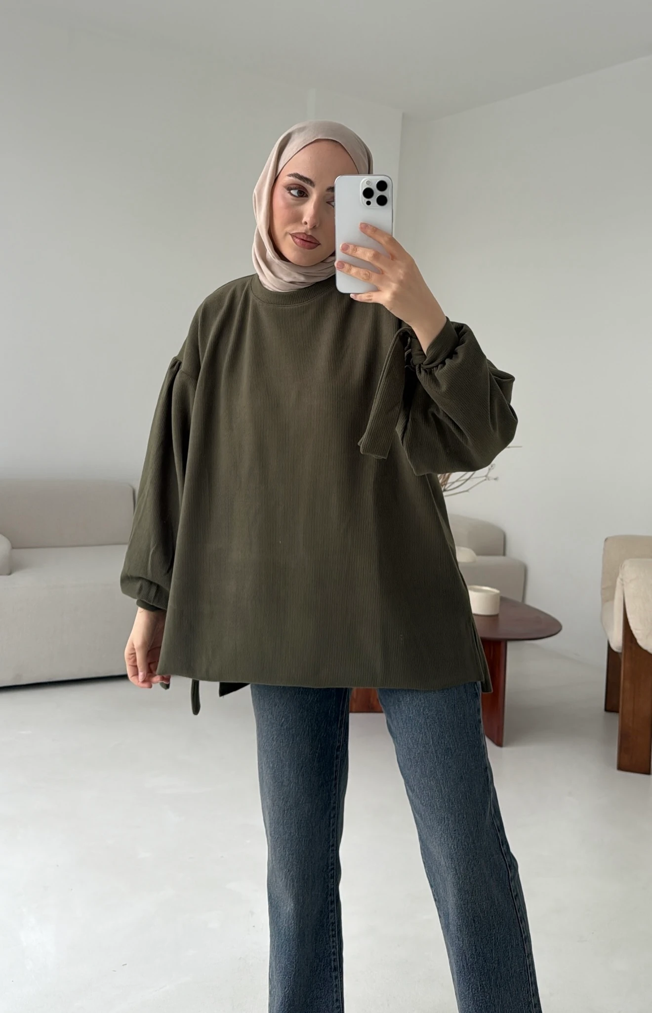 Selanik Balon Kol Bagcıklı Sweat Haki