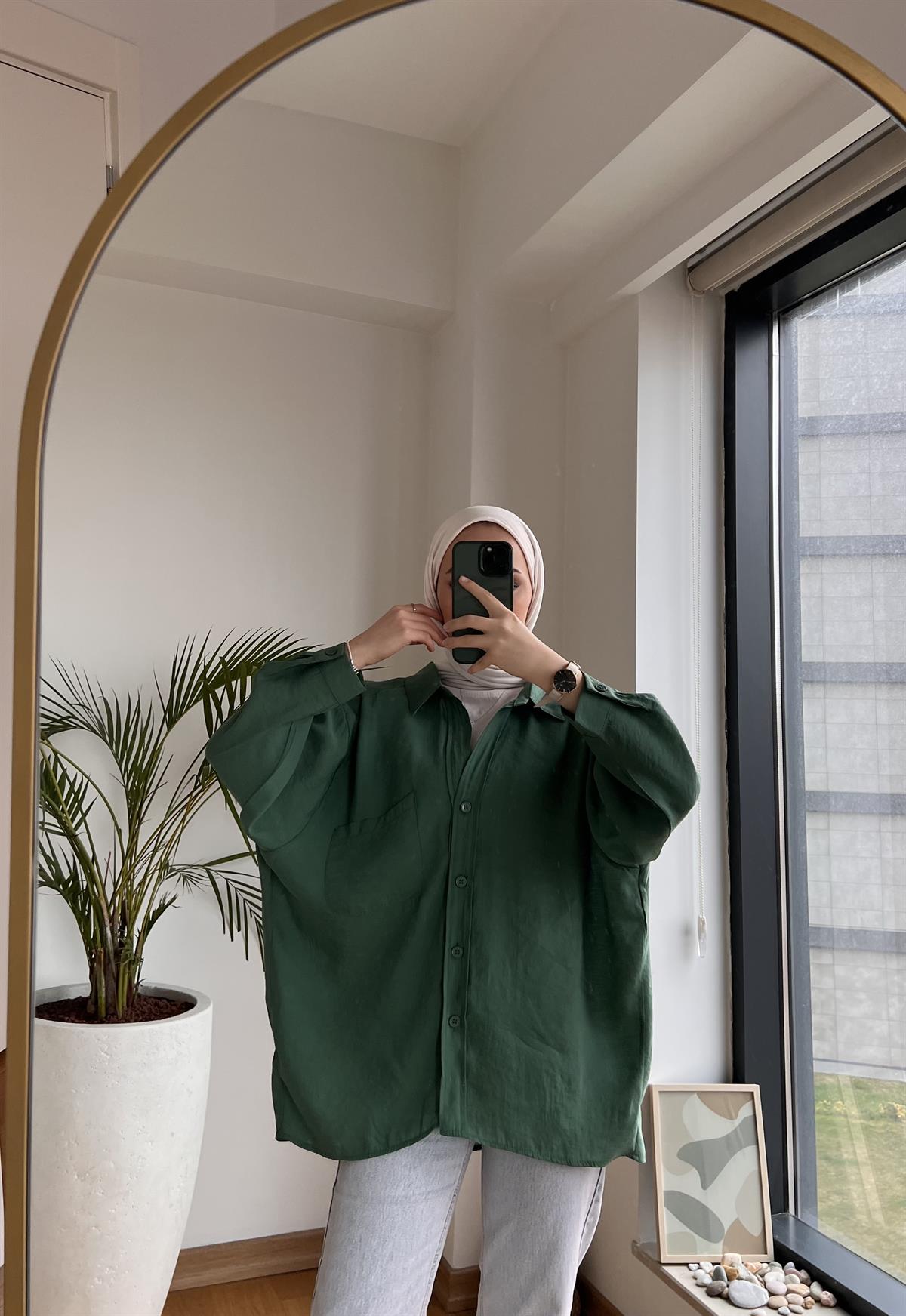 Oversize Pamuk Saten Gömlek Yeşil
