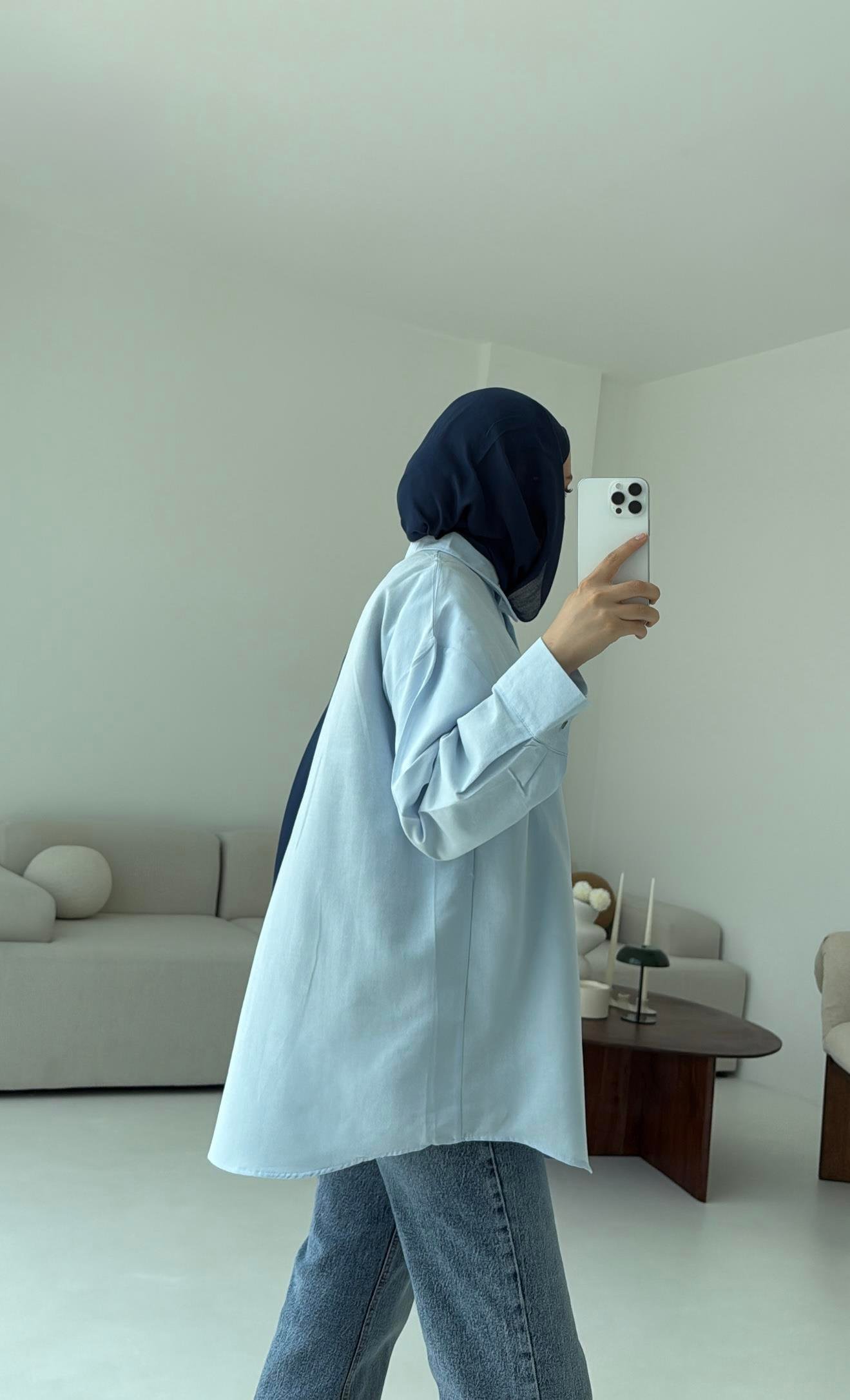 Basic Oversize  Keten Gömlek Mavi