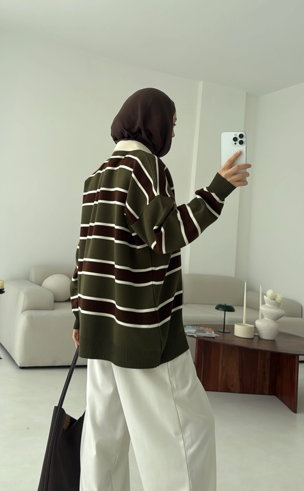 Haki Kahve Çizgili Triko Kazak