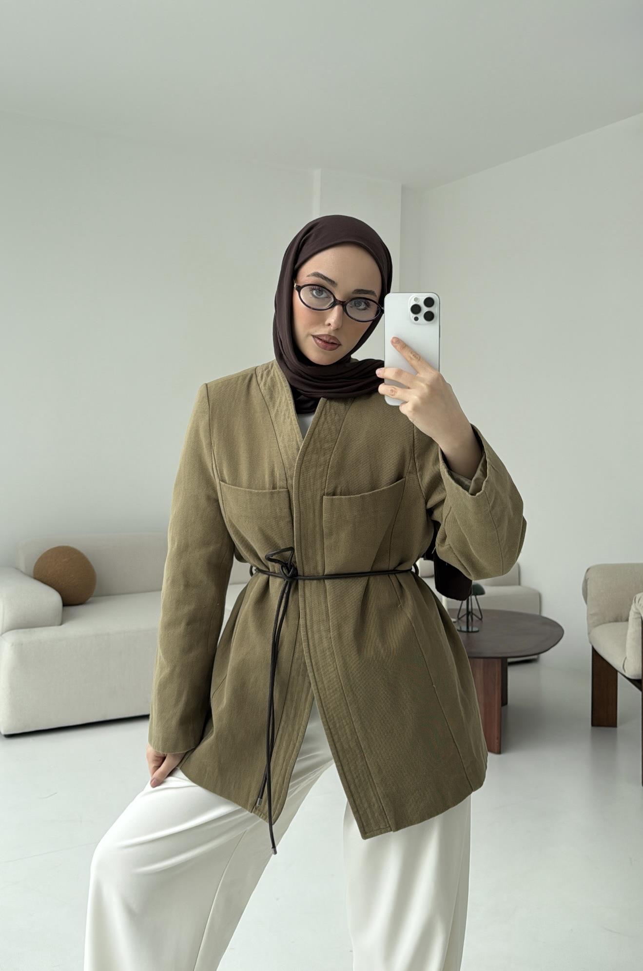 Gabardin Kemerli Ceket Haki